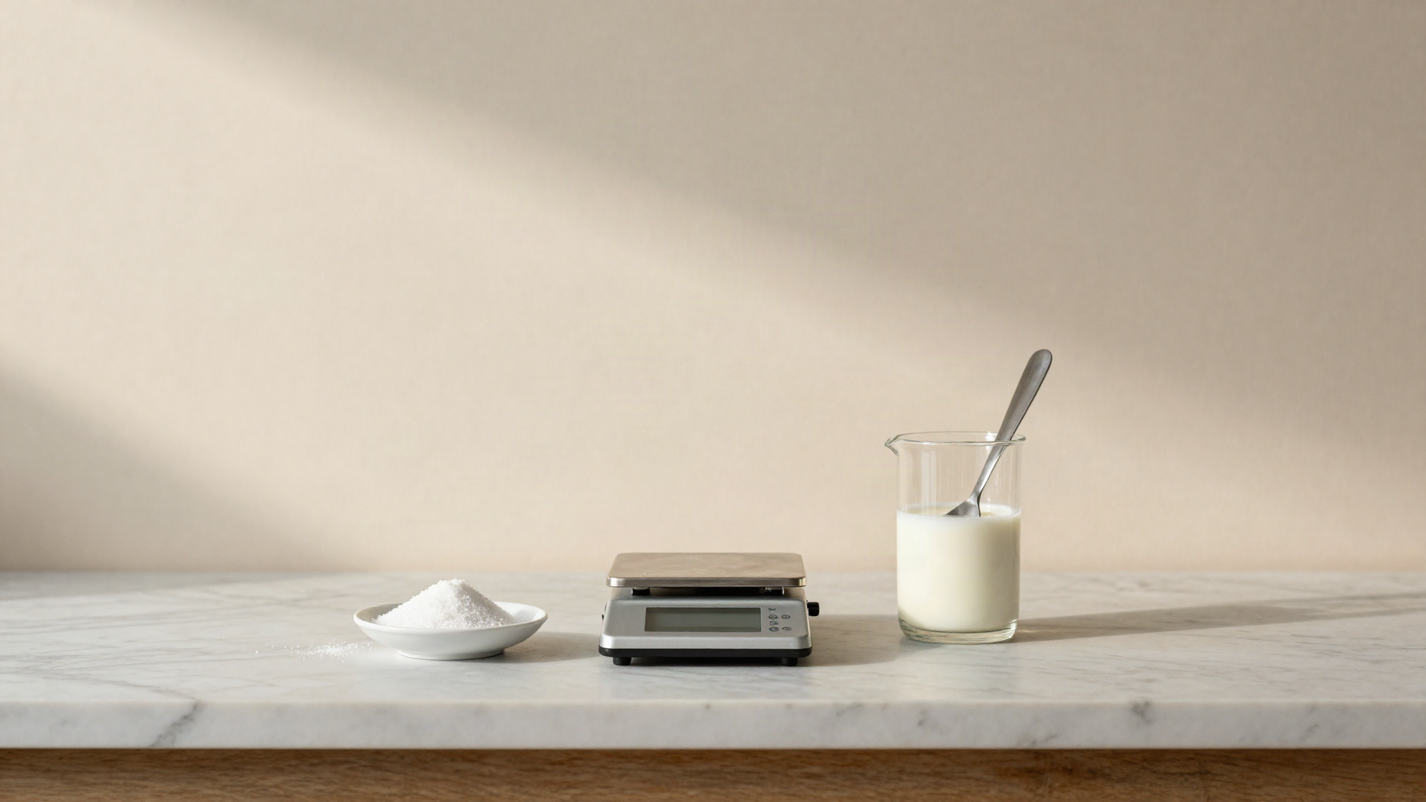 A small precision gram scale on a marble bench holding a dish of fine salt beside a glass beaker of milk and a stainless spatula