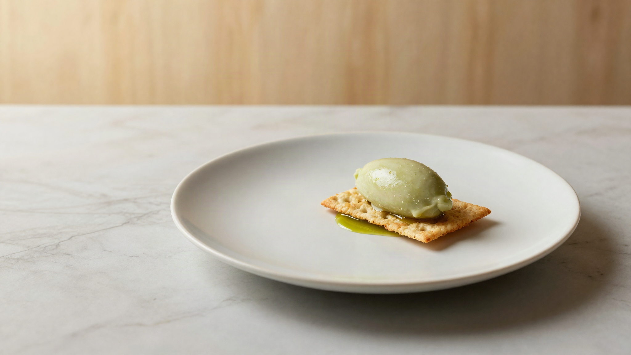 A plated course with a single small scoop of pale green olive oil gelato beside a thin crisp cracker on a wide rimmed ceramic plate