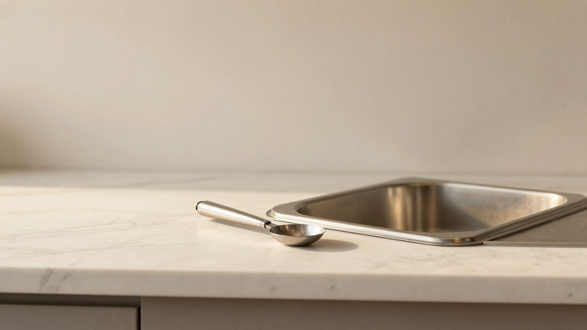 Stainless steel gelato scoop and serving pan on a white marble counter in a gelato lab