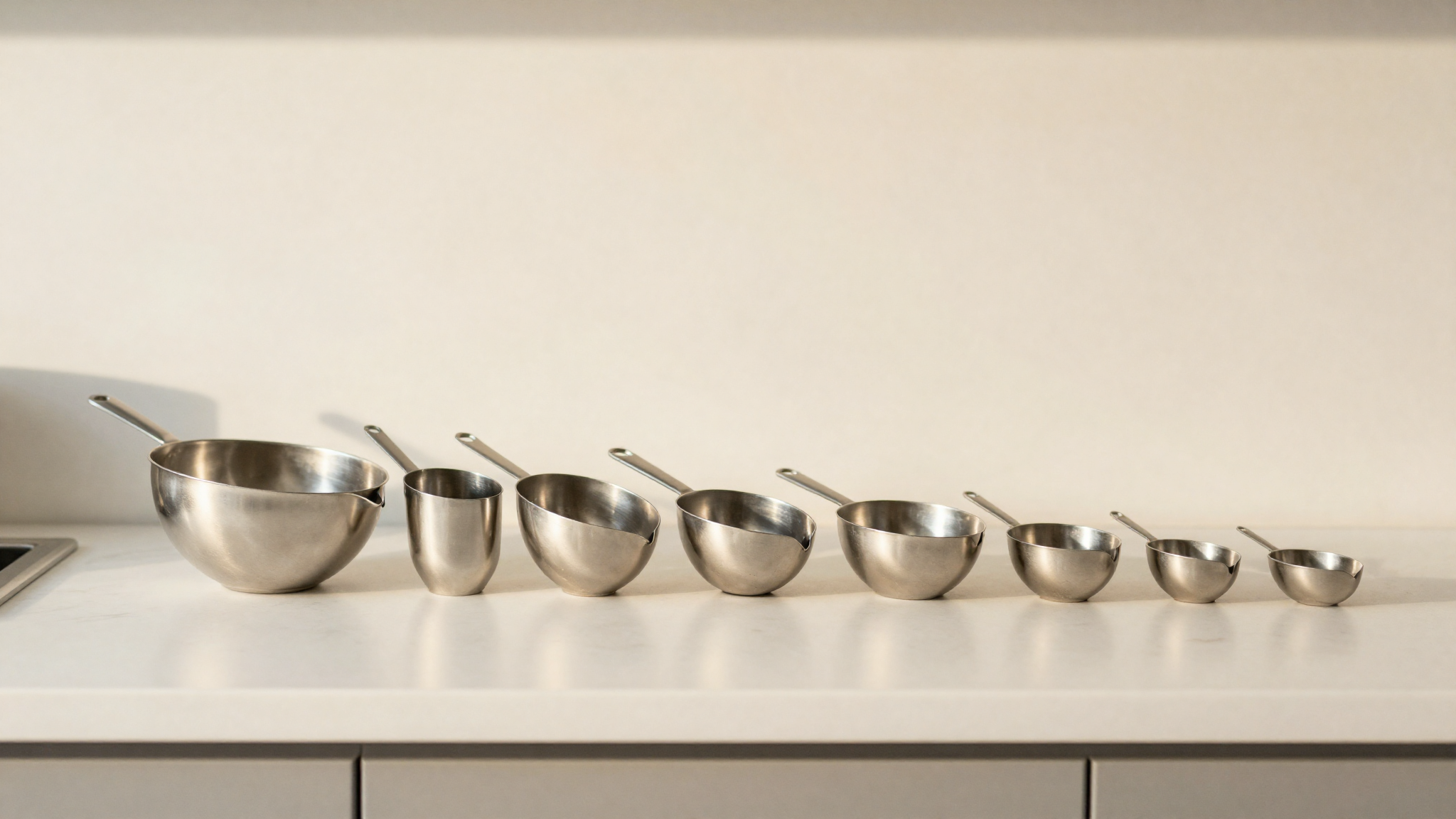 A row of portion dishers in different sizes lined up on a clean lab surface