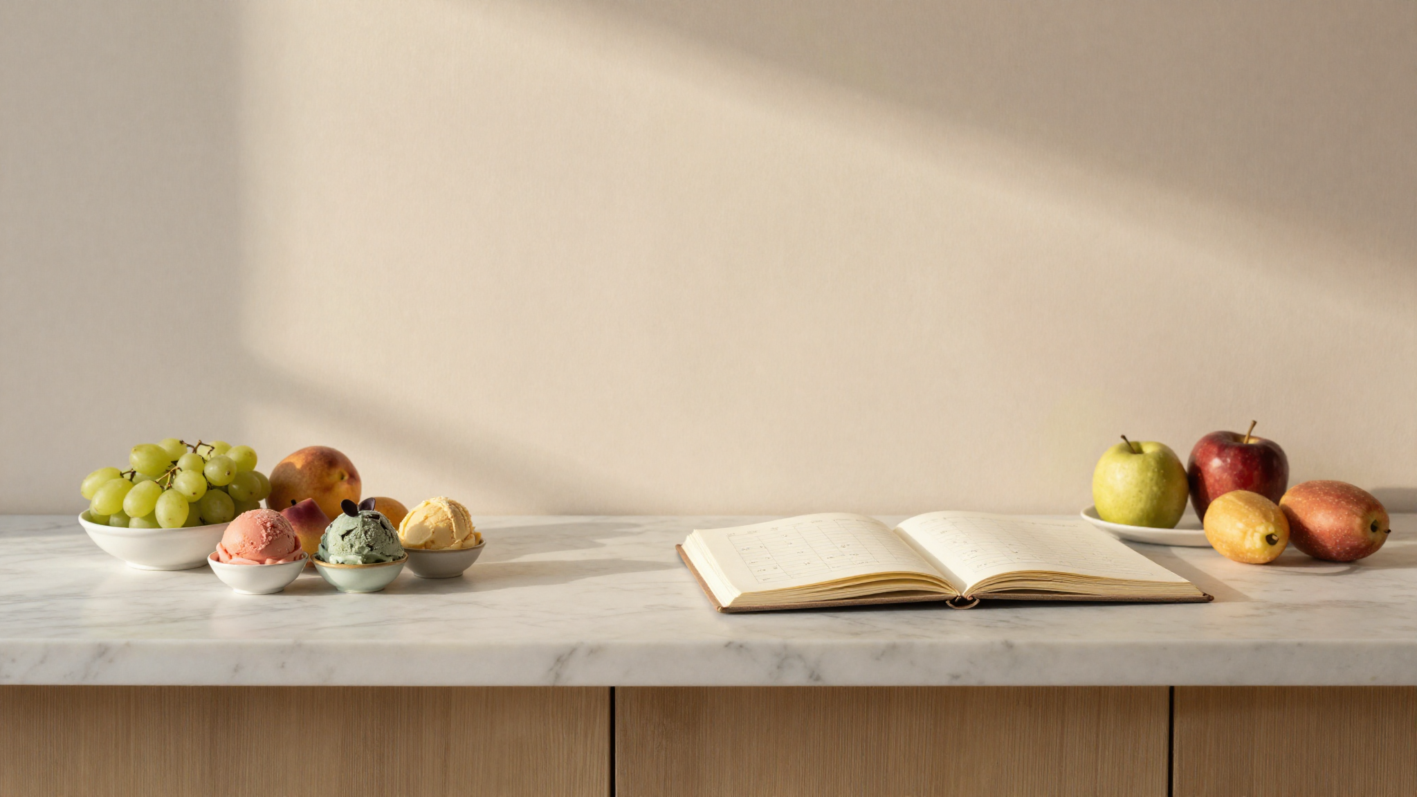 Marble counter top-down view with a planner notebook, seasonal fruits, and ceramic dishes of colorful gelato