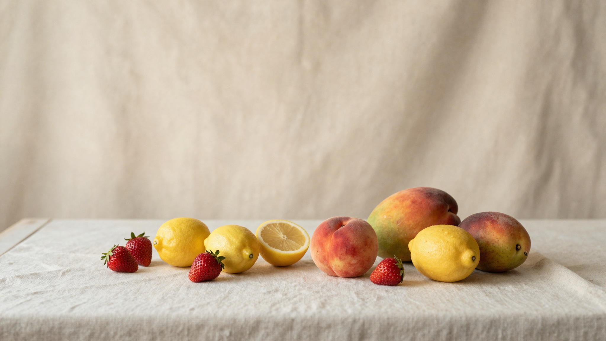 Spring and summer fruits — strawberries, lemons, mango, peaches — arranged on light linen in a seasonal still life