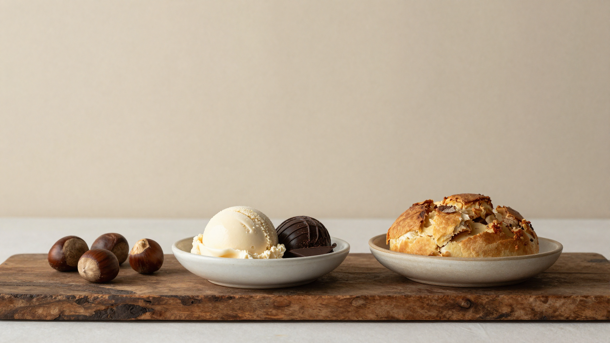 Autumn and winter gelato flavors — chestnut, hazelnut, dark chocolate, panettone — in ceramic dishes on aged wood