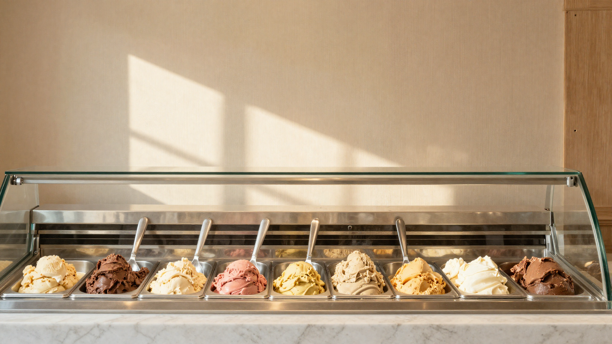 An Italian gelato display case showing a rotating seasonal flavor lineup in stainless steel pans
