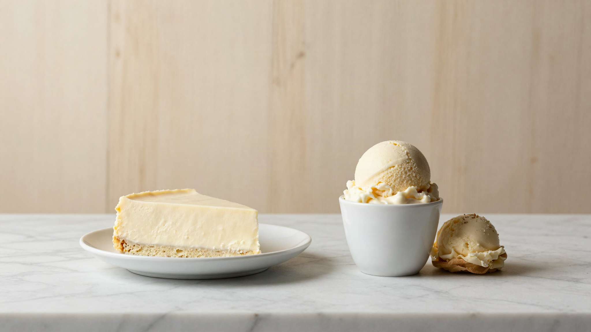 A slice of pale semifreddo on a plate beside a cup of gelato on white marble
