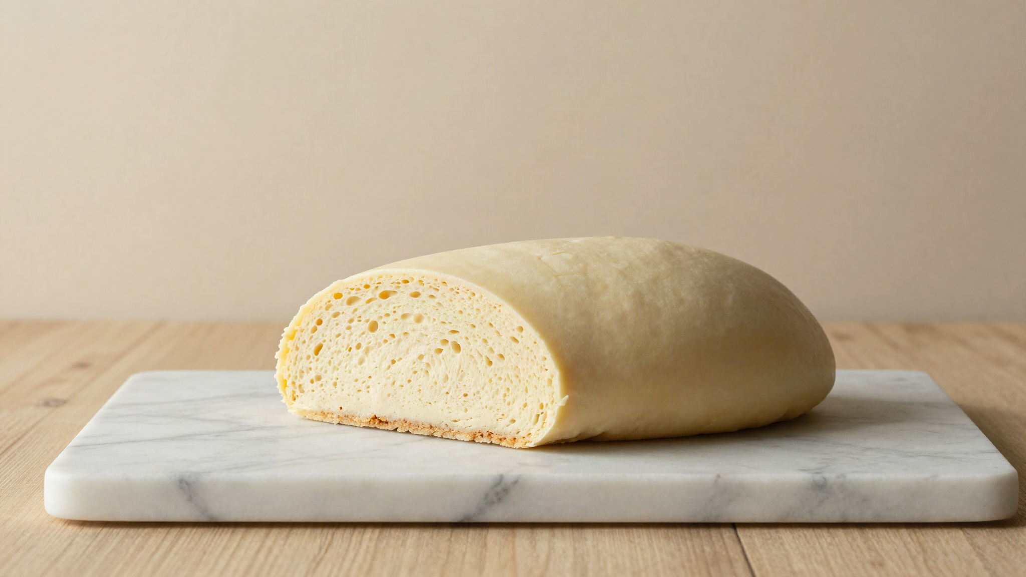 An unmolded semifreddo loaf on marble showing its pale aerated interior at the cut end