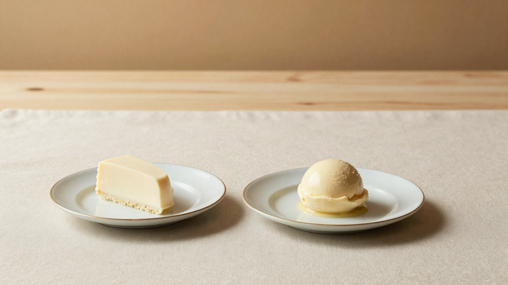 Two dessert plates on linen, one with a semifreddo slice and one with a gelato scoop