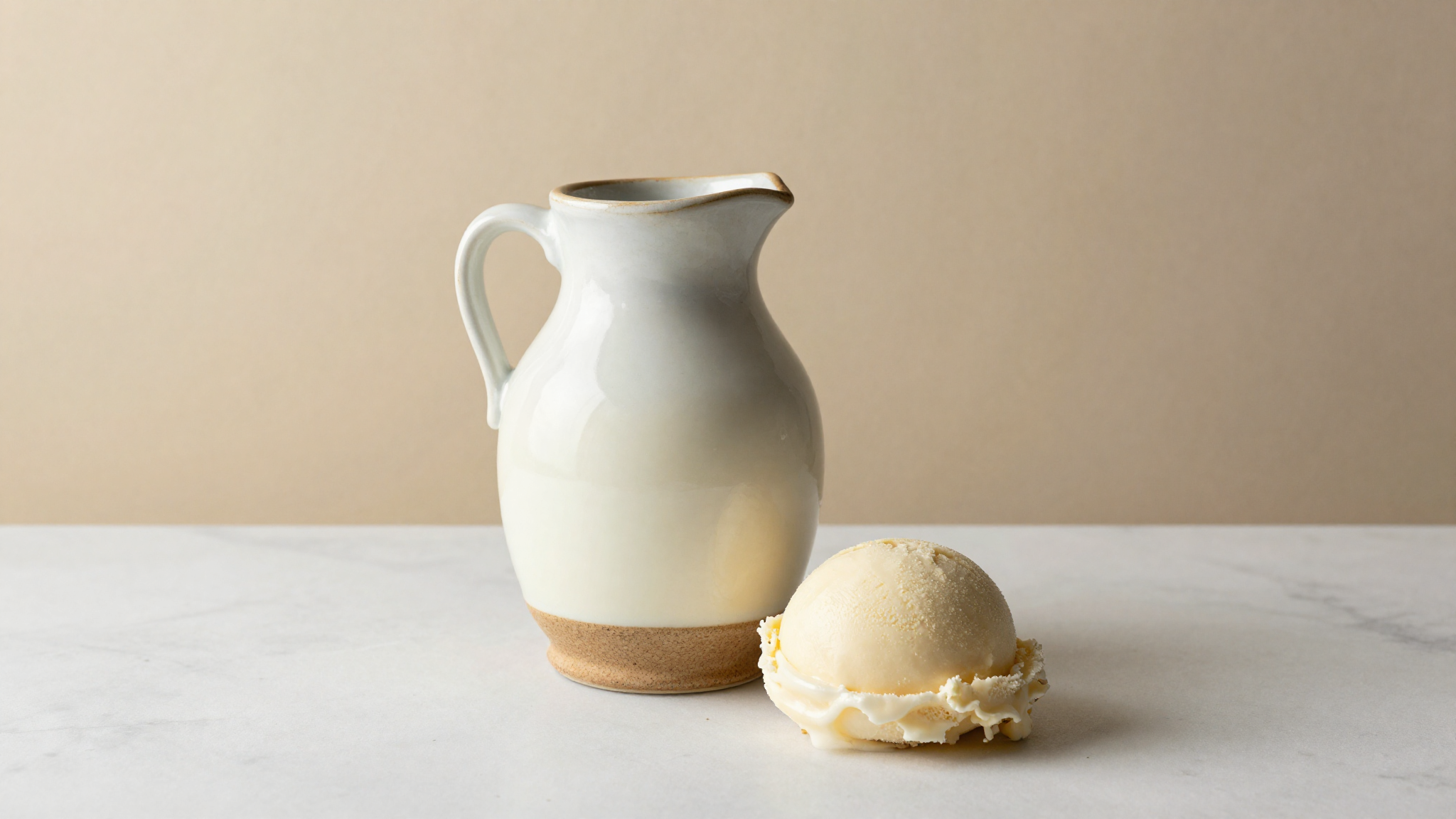 Fresh sheep milk in a ceramic jug beside a scoop of pale gelato on marble