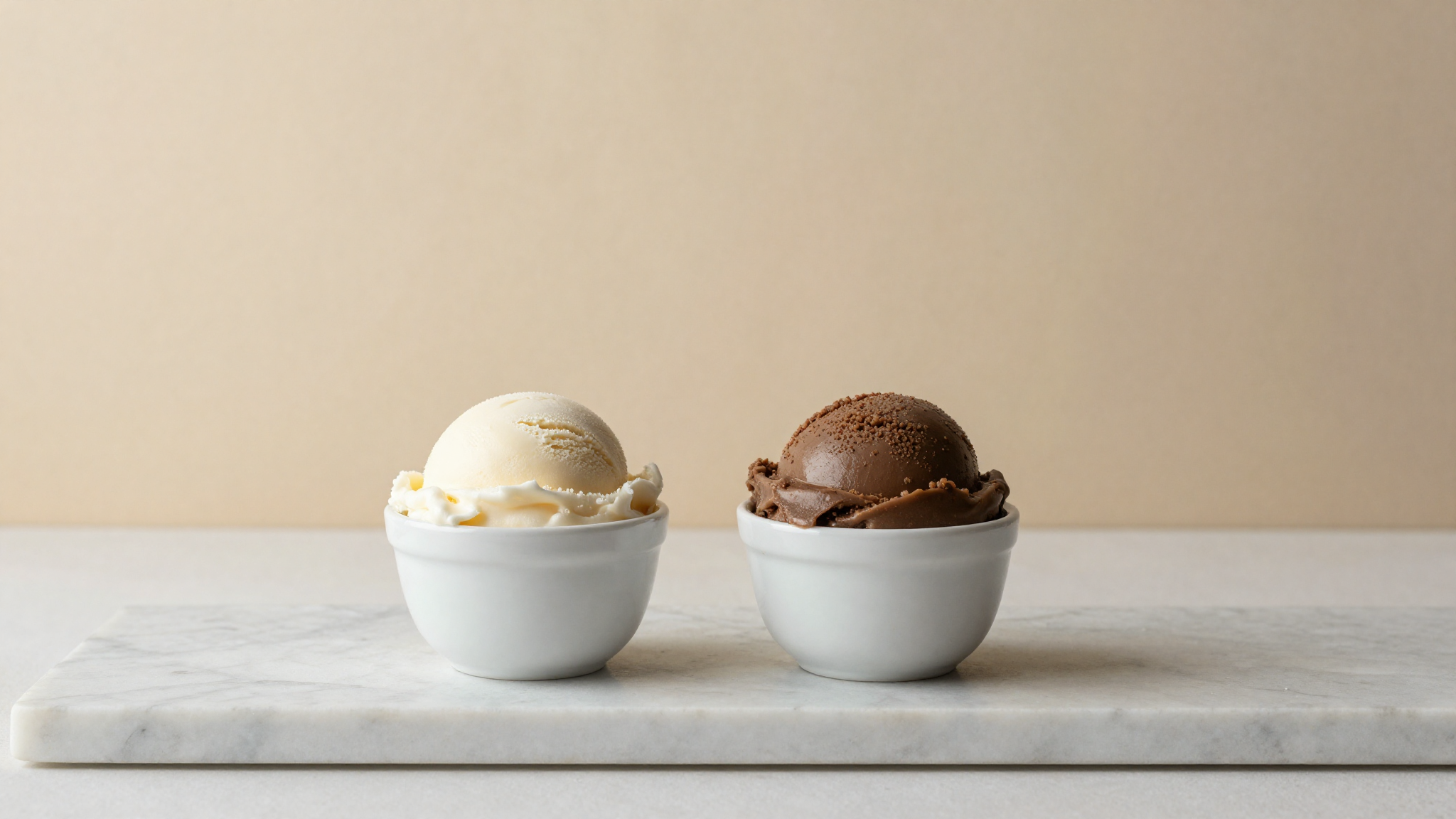 Two small ceramic cups of italian gelato side by side on marble, a pale airy scoop next to a darker denser one, comparing regional styles