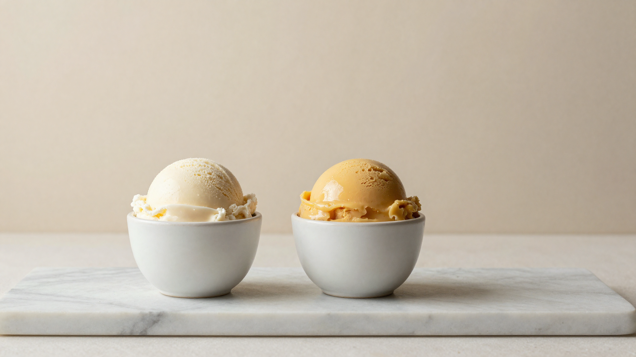 A pale Sicilian-style scoop and a richer northern custard scoop compared side by side in ceramic cups on marble