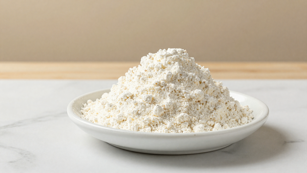 Spray-dried skim milk powder mounded in a small ceramic dish on white marble