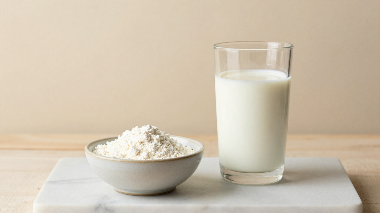 Ceramic bowl of skim milk powder beside a glass of fresh milk on marble