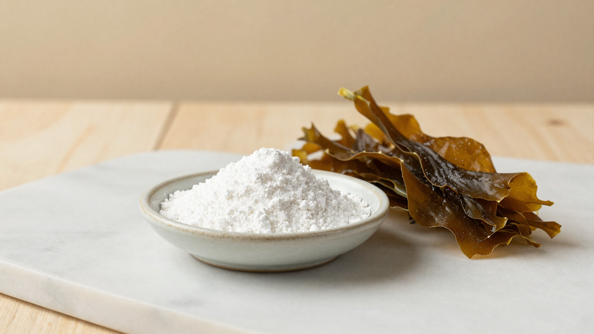 Sodium alginate white powder in a ceramic dish next to dried brown seaweed on marble