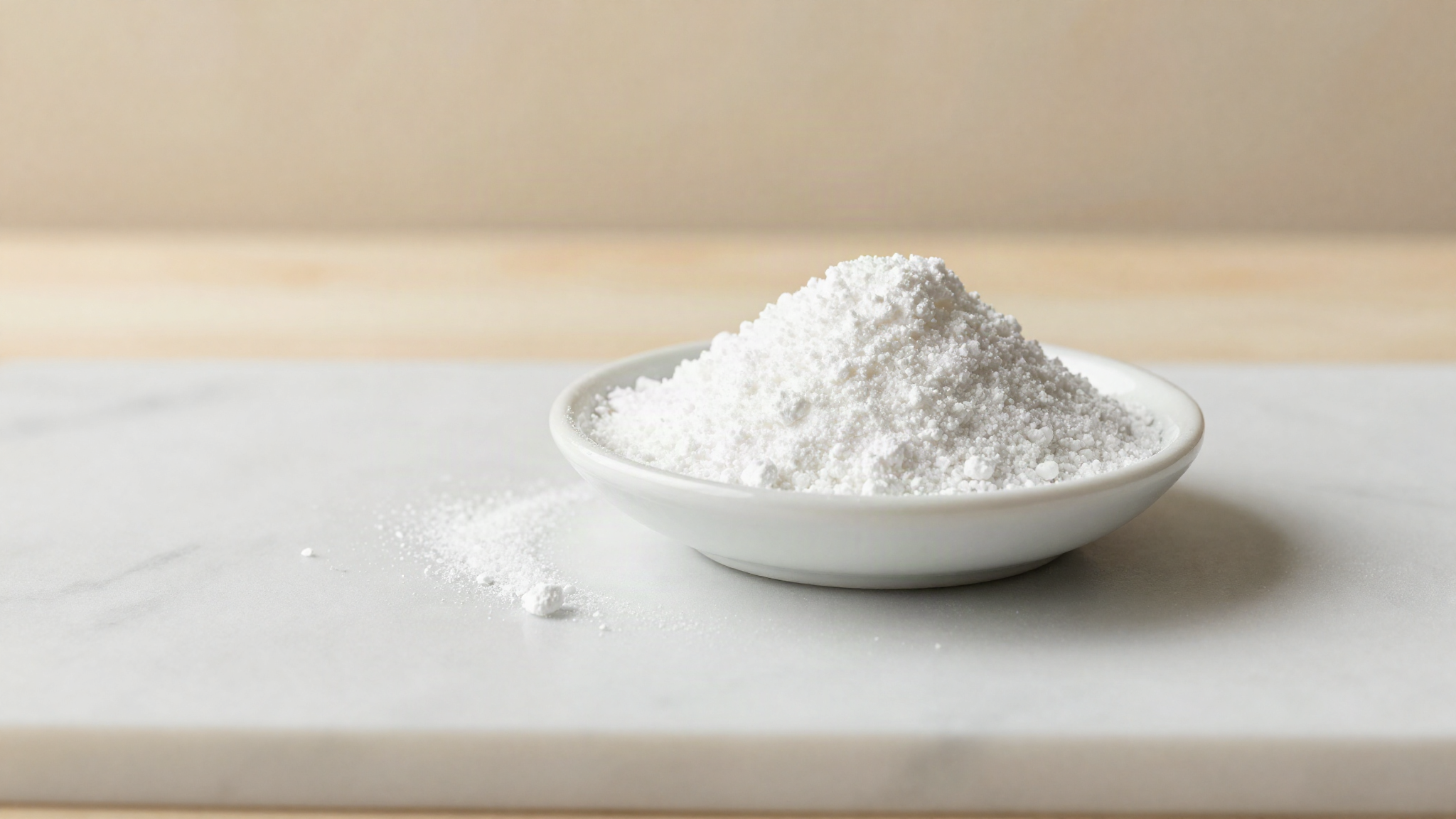 Fine white crystalline sodium citrate powder in a small ceramic dish on a marble surface