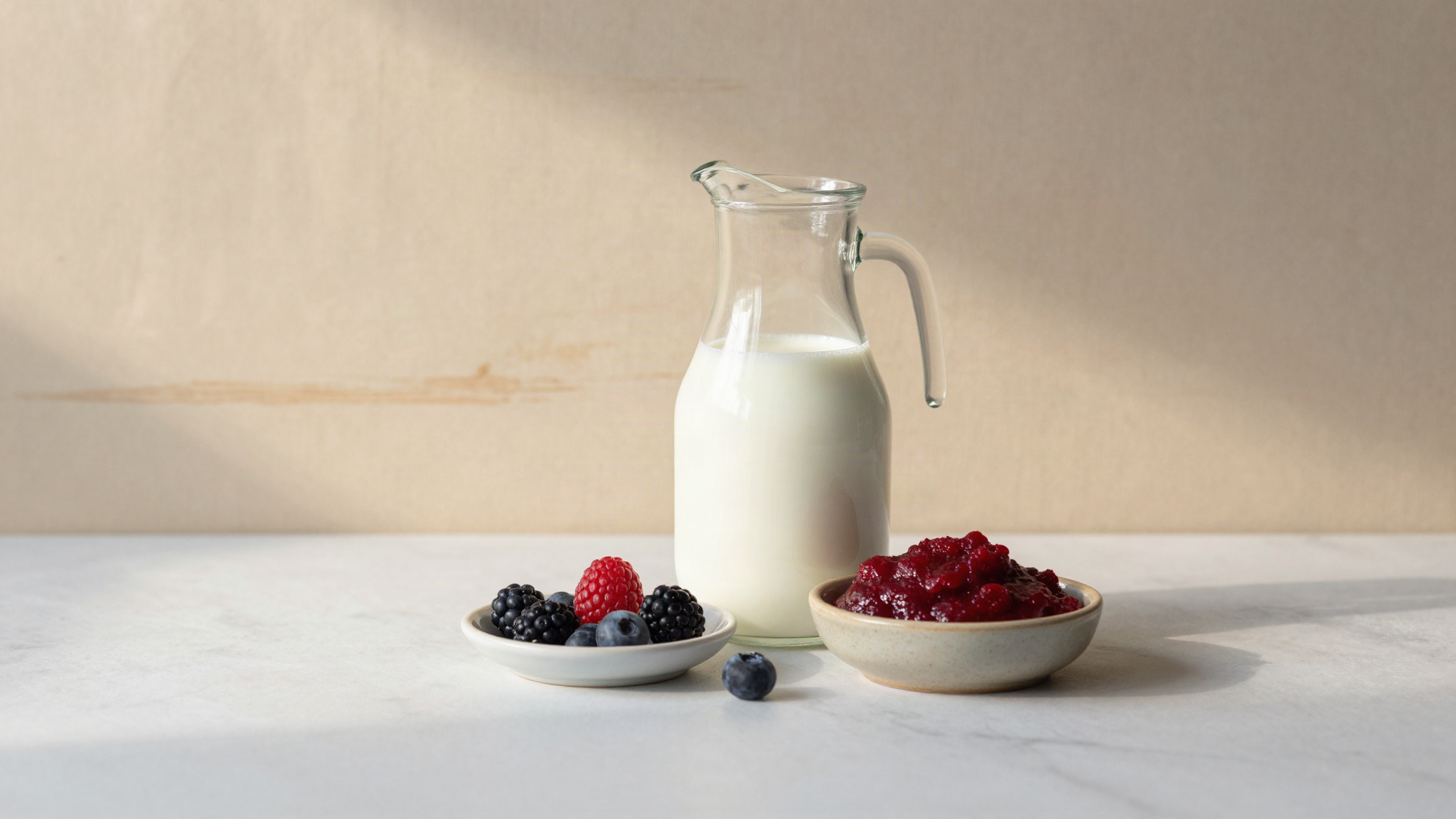 A clear glass jug of fresh milk beside a small ceramic dish of red fruit puree on a marble surface