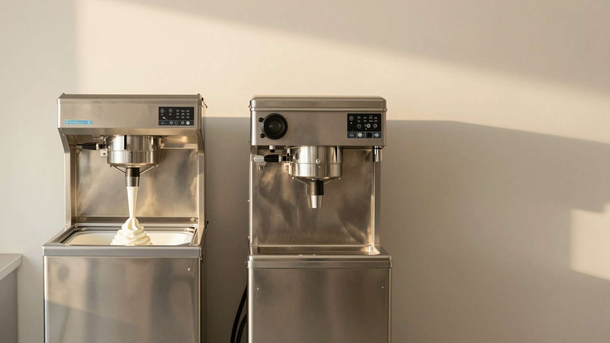 Two professional gelato machines side by side a soft serve continuous freezer and a batch freezer mantecatore