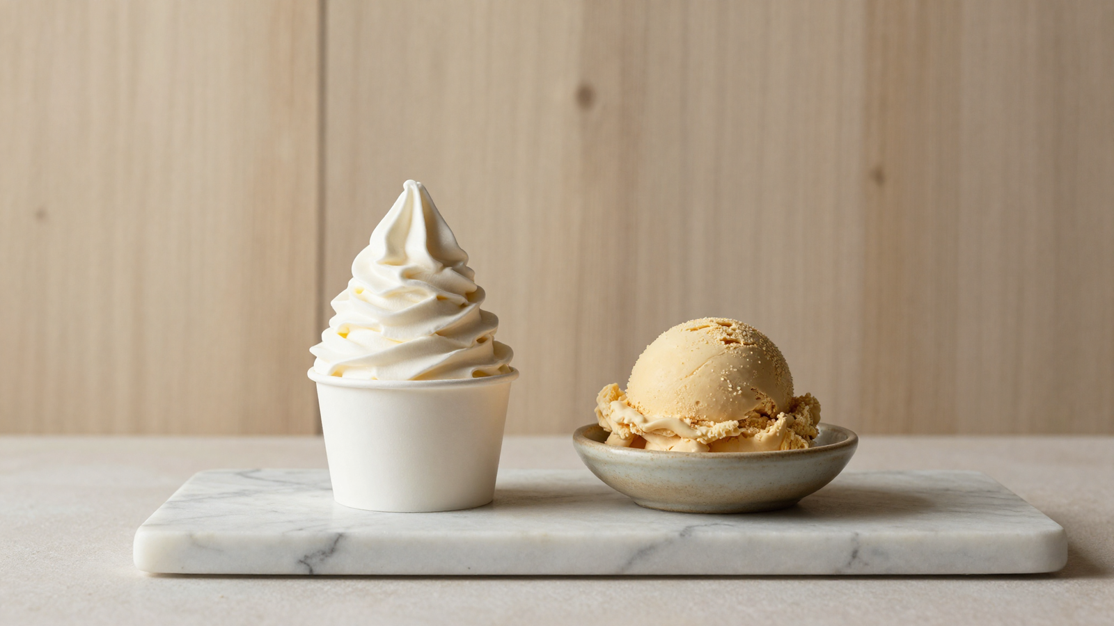 Soft serve swirl next to dense scooped gelato on marble, an editorial comparison still life