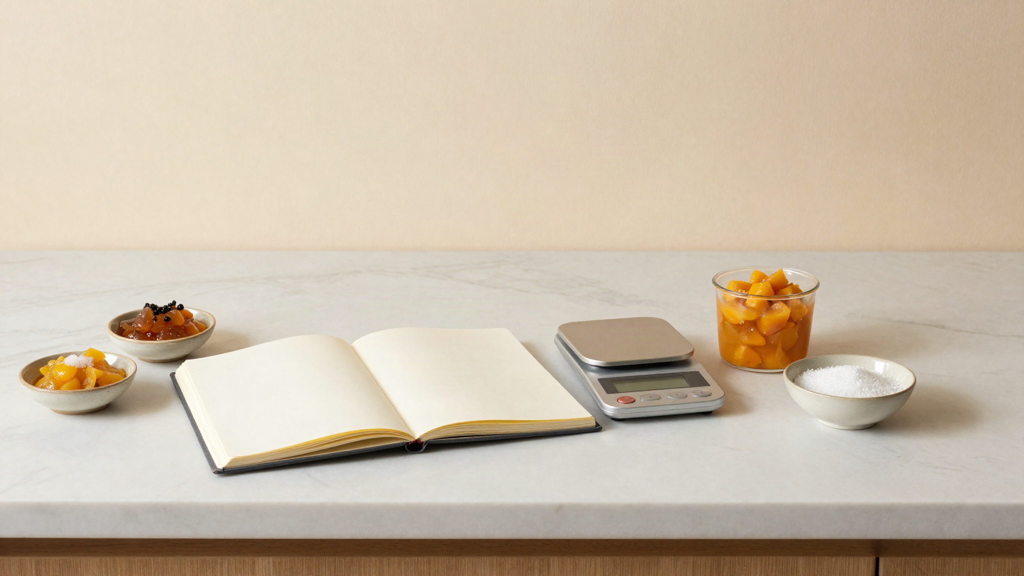 Marble bench with an open notebook, a small kitchen scale and ceramic dishes of fruit purée and sugar