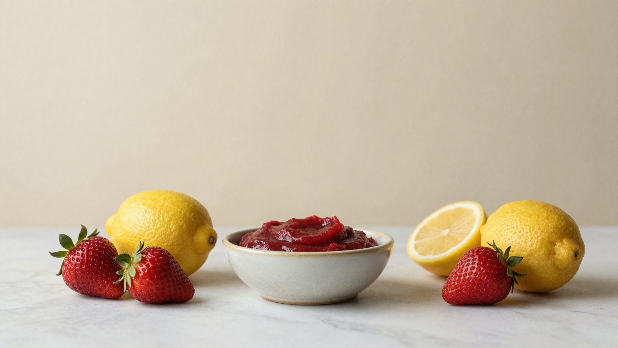 Ripe strawberries and lemons beside a ceramic bowl of smooth red fruit puree on a marble bench