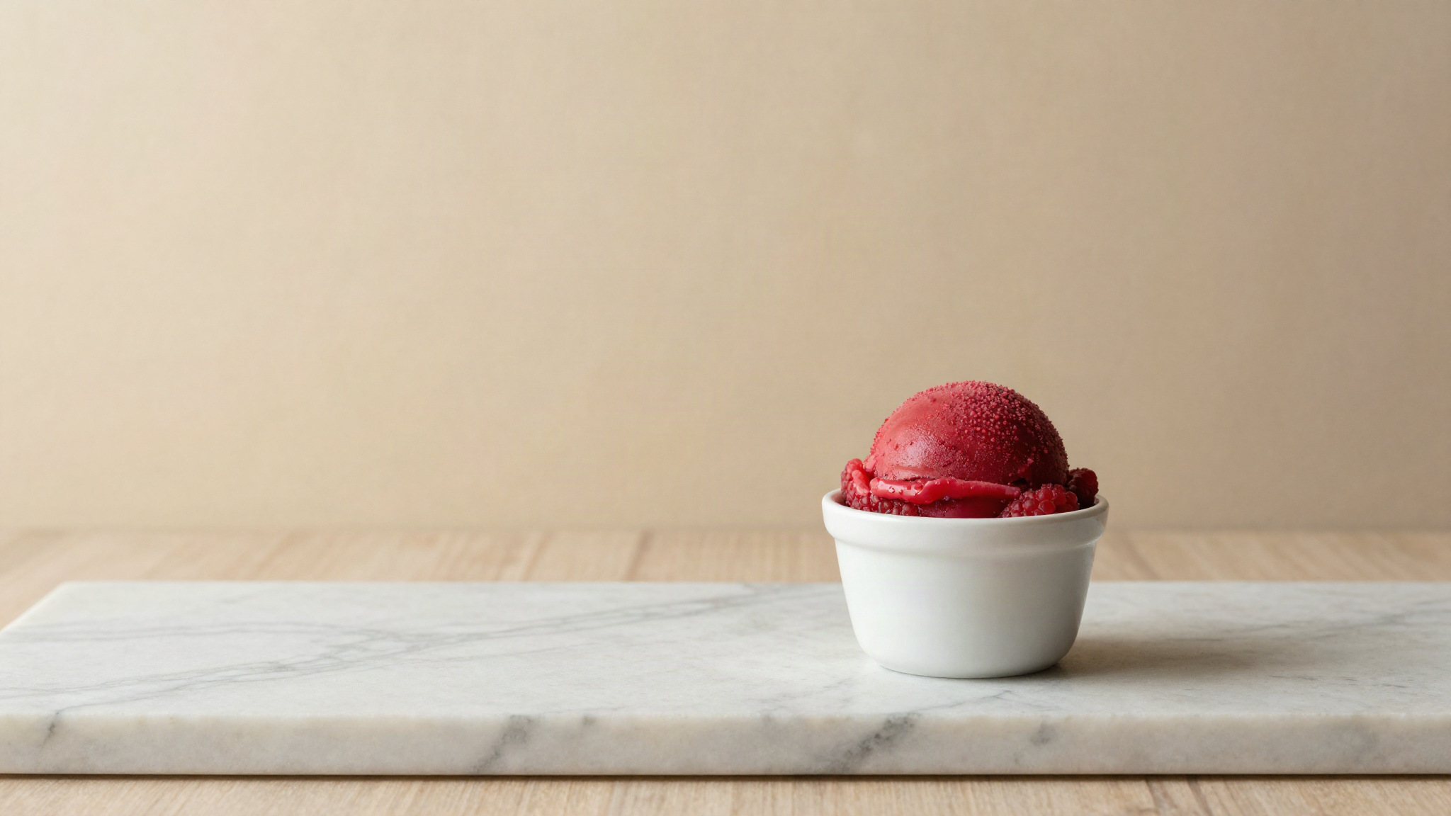 A single scoop of vivid raspberry sorbetto in a small white ceramic cup on marble