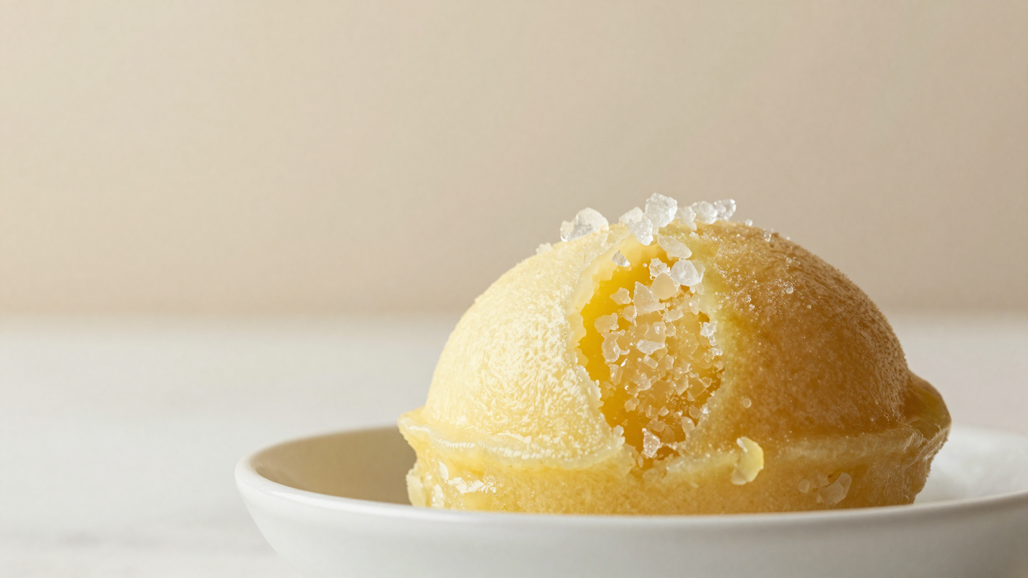 Close-up of a grainy partly-separated lemon sorbet showing icy crystals next to dense fruit pulp