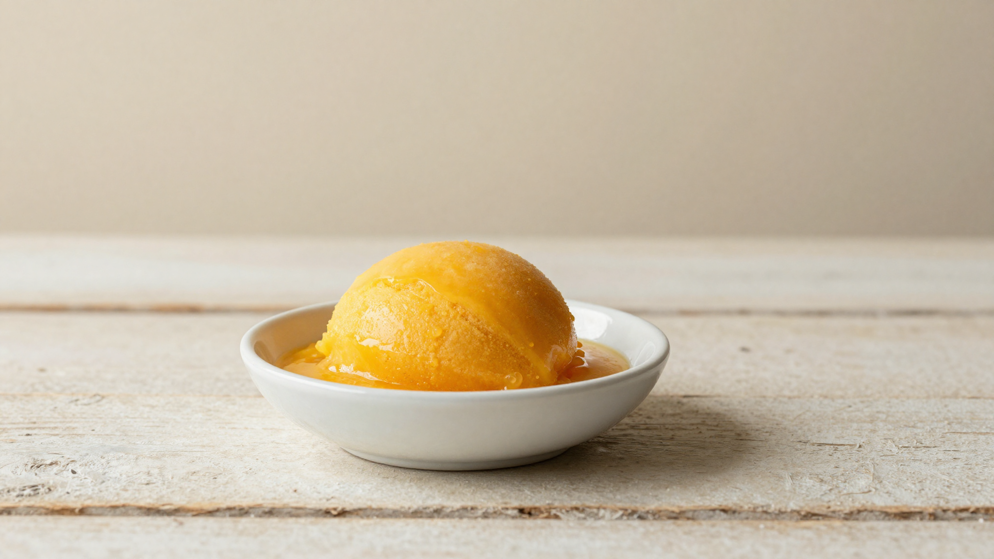 Well-emulsified glossy mango sorbetto with uniform smooth texture in a small white ceramic dish