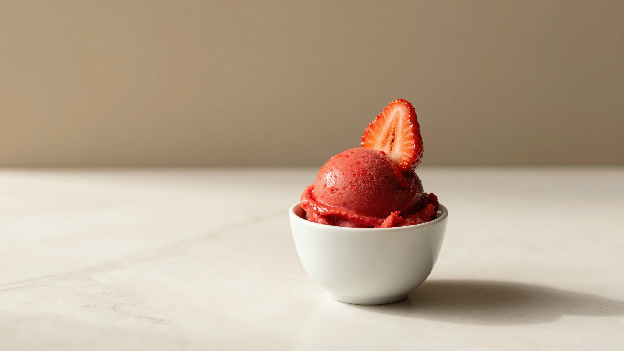 Scoop of strawberry sorbet in white ceramic cup with fresh strawberry on marble