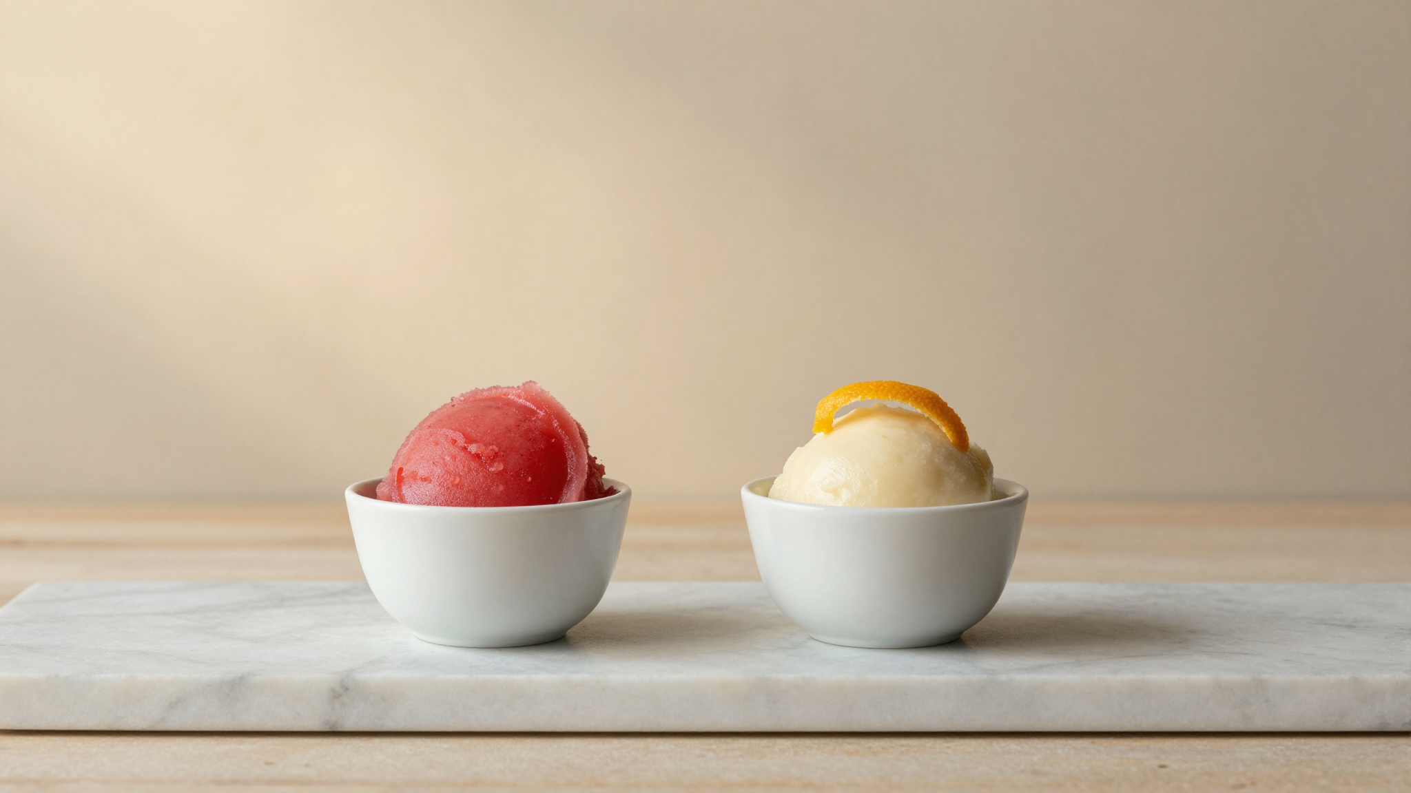Side-by-side comparison table of sorbetto, sorbet, and sherbet with composition and origin differences
