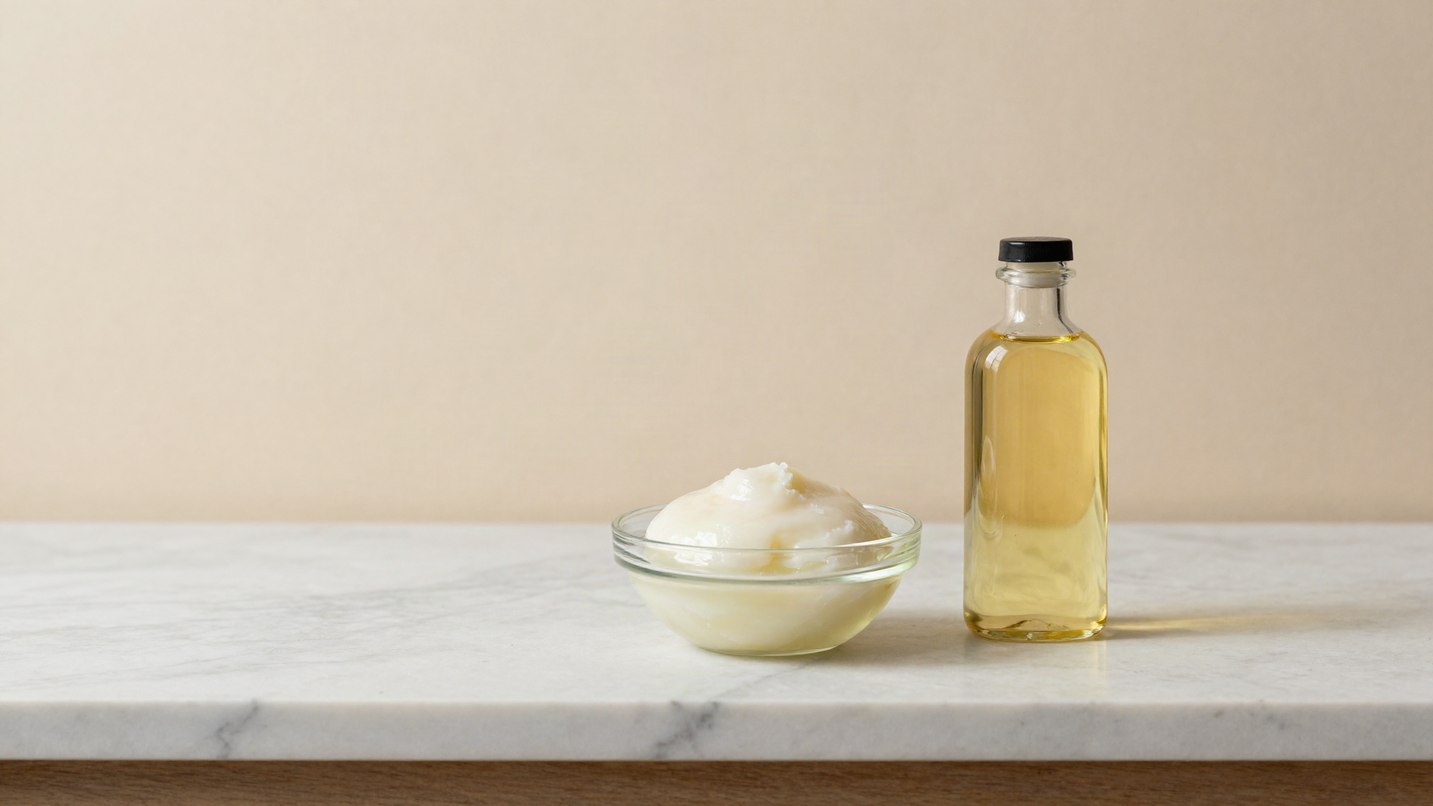 Solid white coconut oil in a glass bowl beside a bottle of liquid seed oil