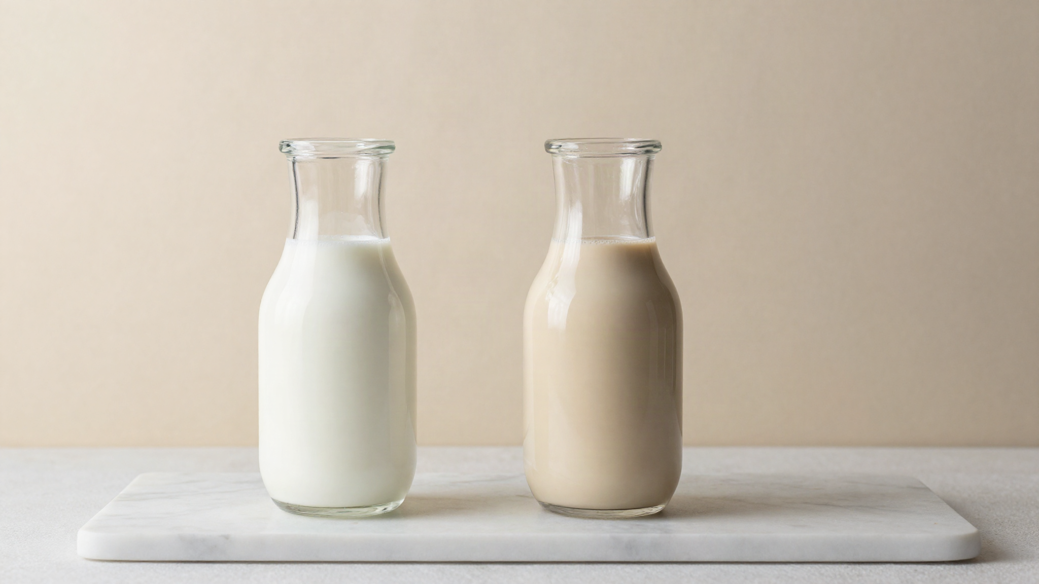 Two matching glass carafes side by side on white marble, one filled with white soy milk and one with pale beige almond milk