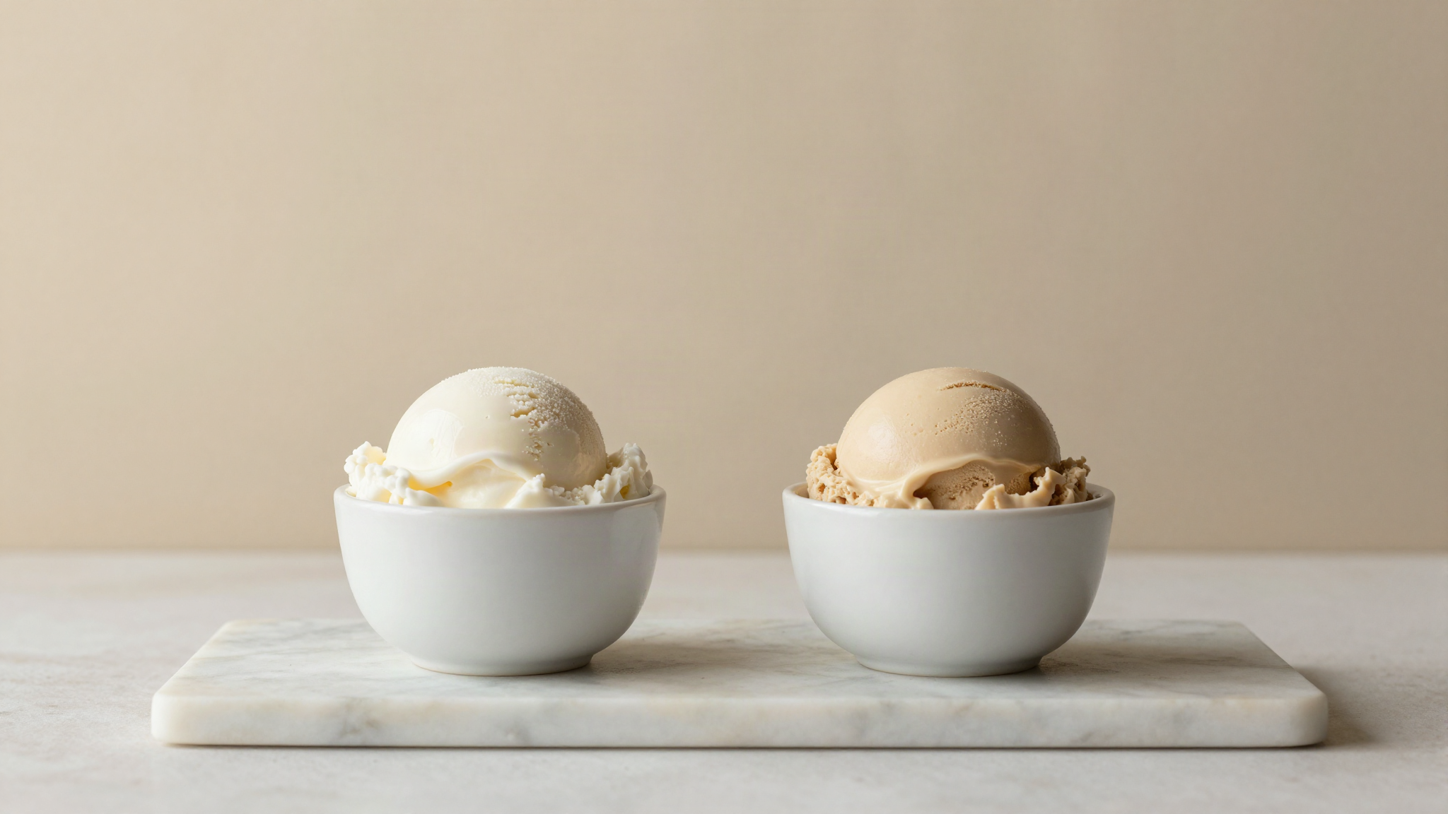 Two small white ceramic cups side by side on marble, one holding a creamy white scoop and one a pale beige scoop of vegan gelato