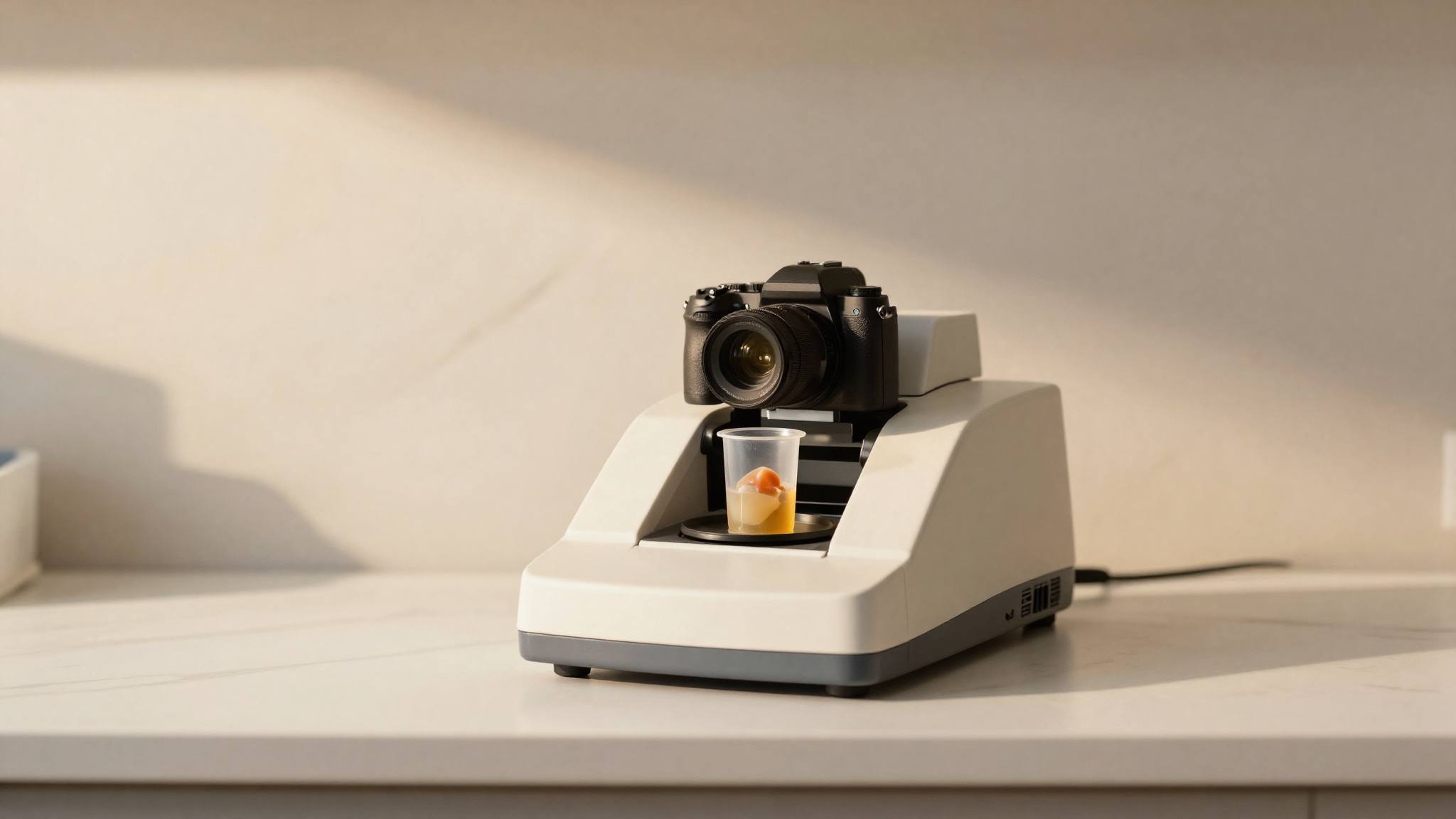 Benchtop spectrophotometer with a cuvette of colored gelato sample on a lab bench