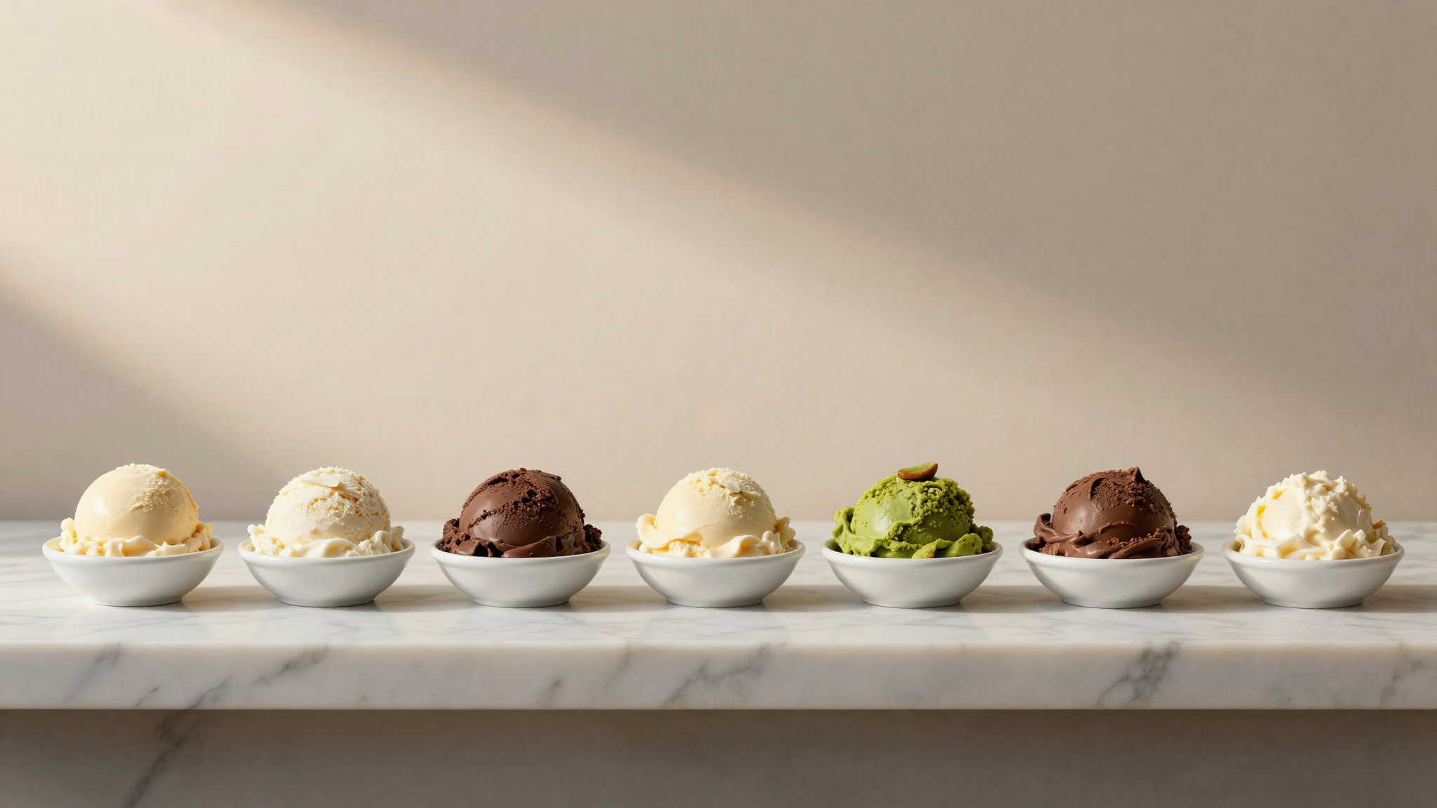 Row of colorful gelato samples in white dishes arranged for color evaluation