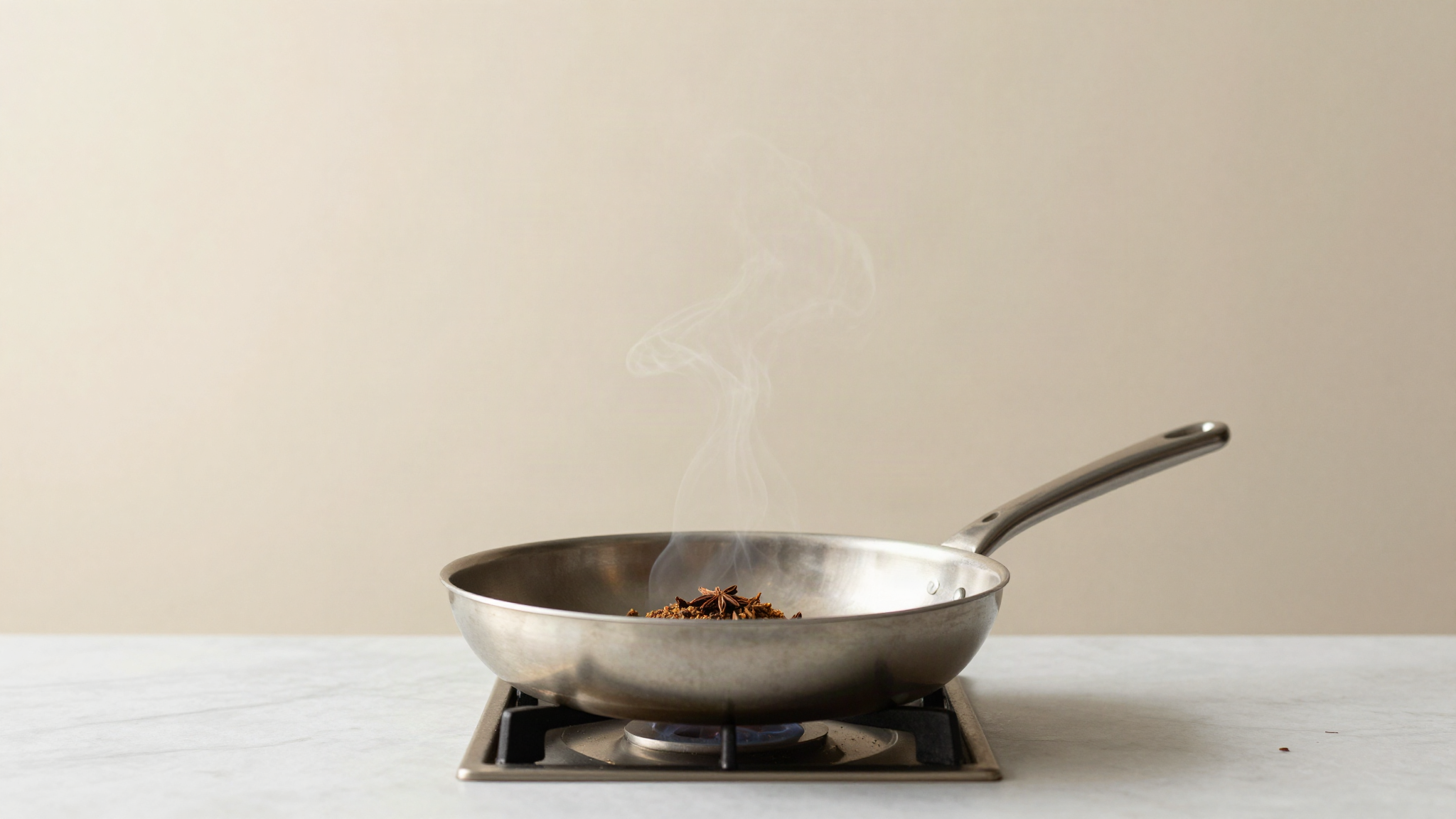 Whole spices toasting in a dry stainless pan on a stovetop