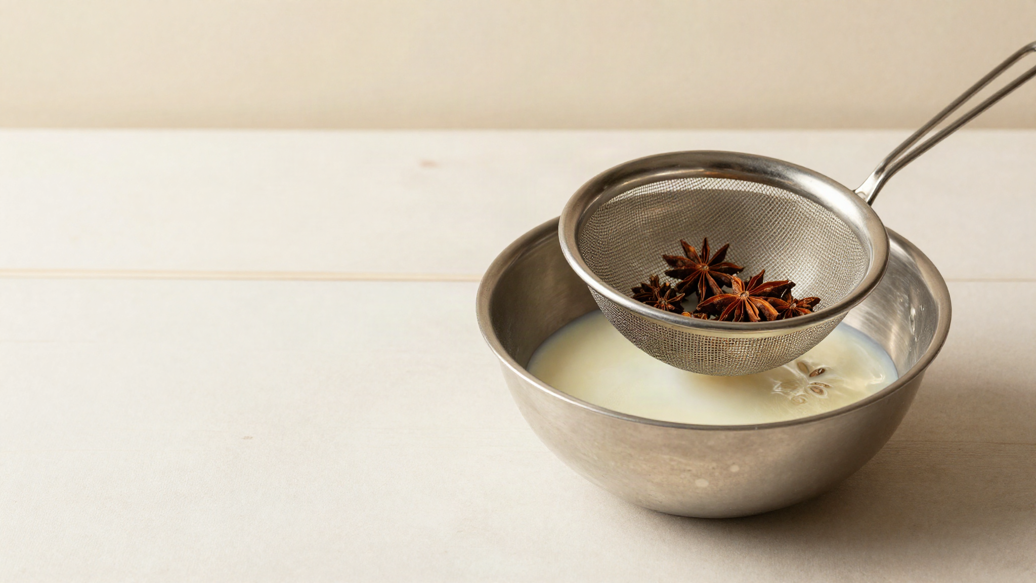 Fine mesh strainer over a stainless bowl straining a spiced milk infusion