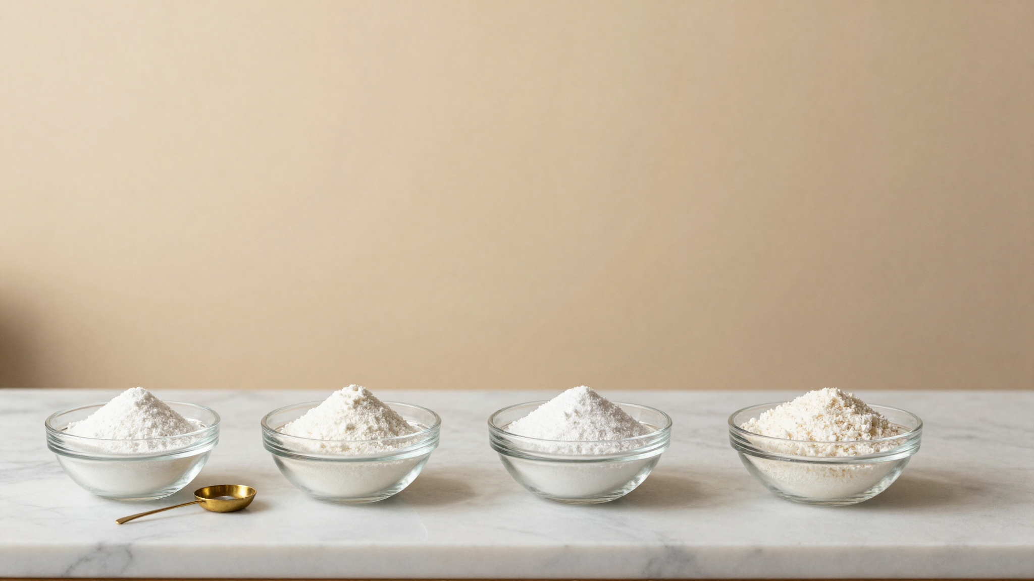 Glass bowls of white stabilizer gum powders and a small scale on a marble lab surface