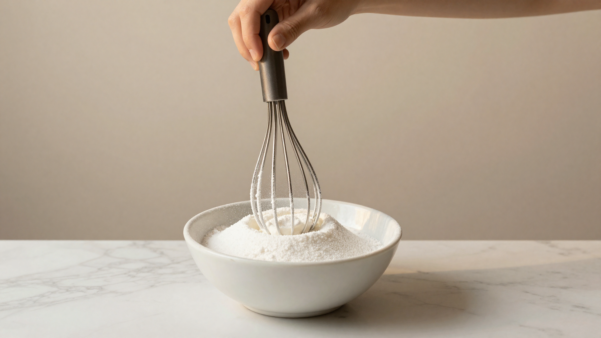 A whisk dry-blending white stabilizer powder into granulated sugar on a marble surface