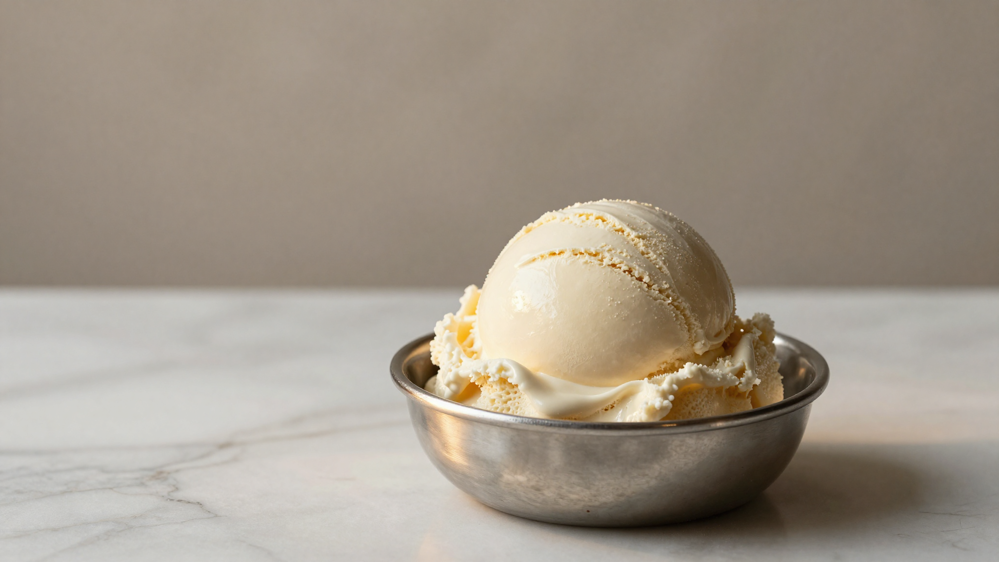 A smooth dense scoop of artisanal gelato in a stainless pan showing creamy texture