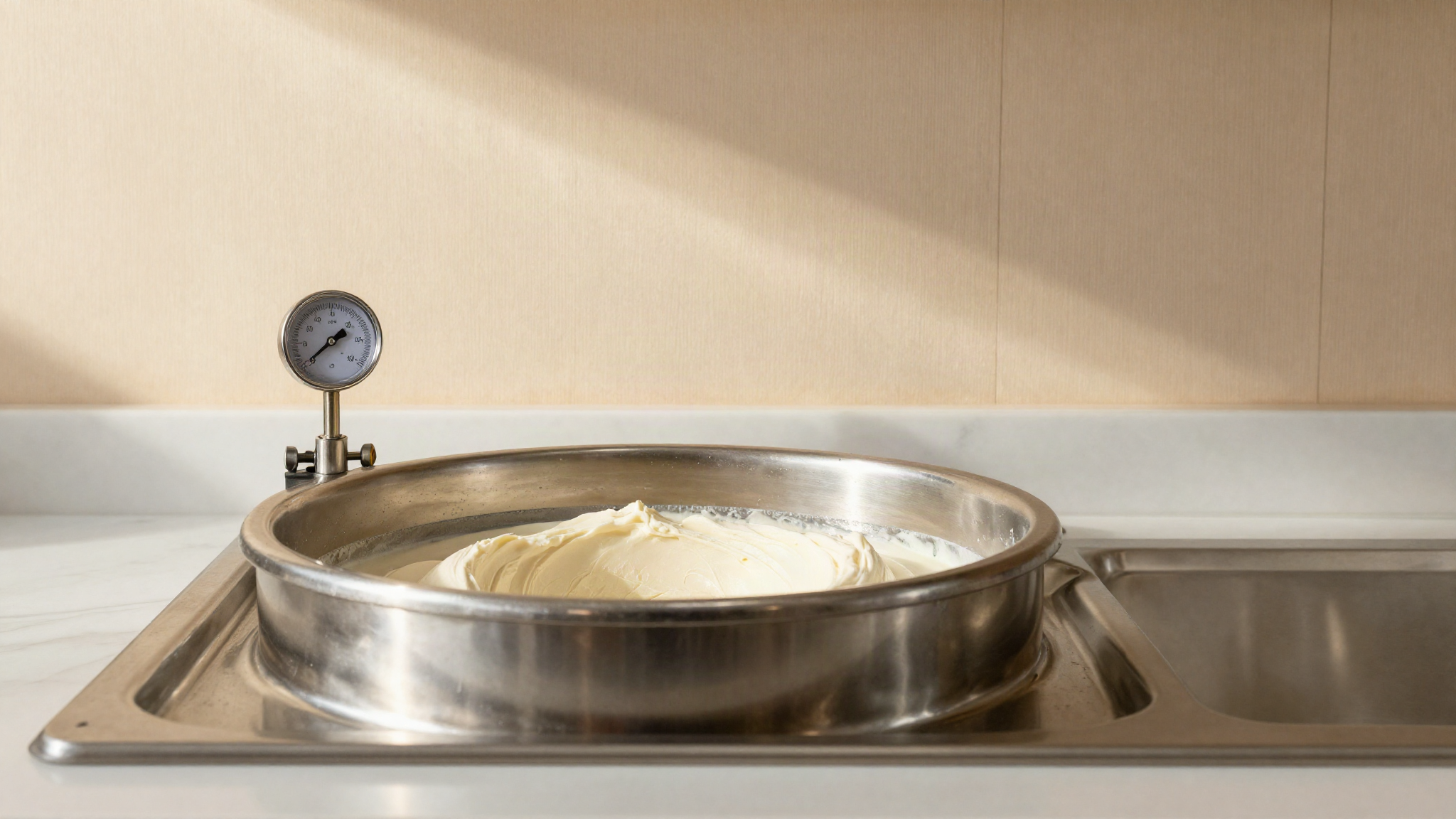 A stainless steel pasteuriser vat of warm white mix with a probe thermometer at the rim