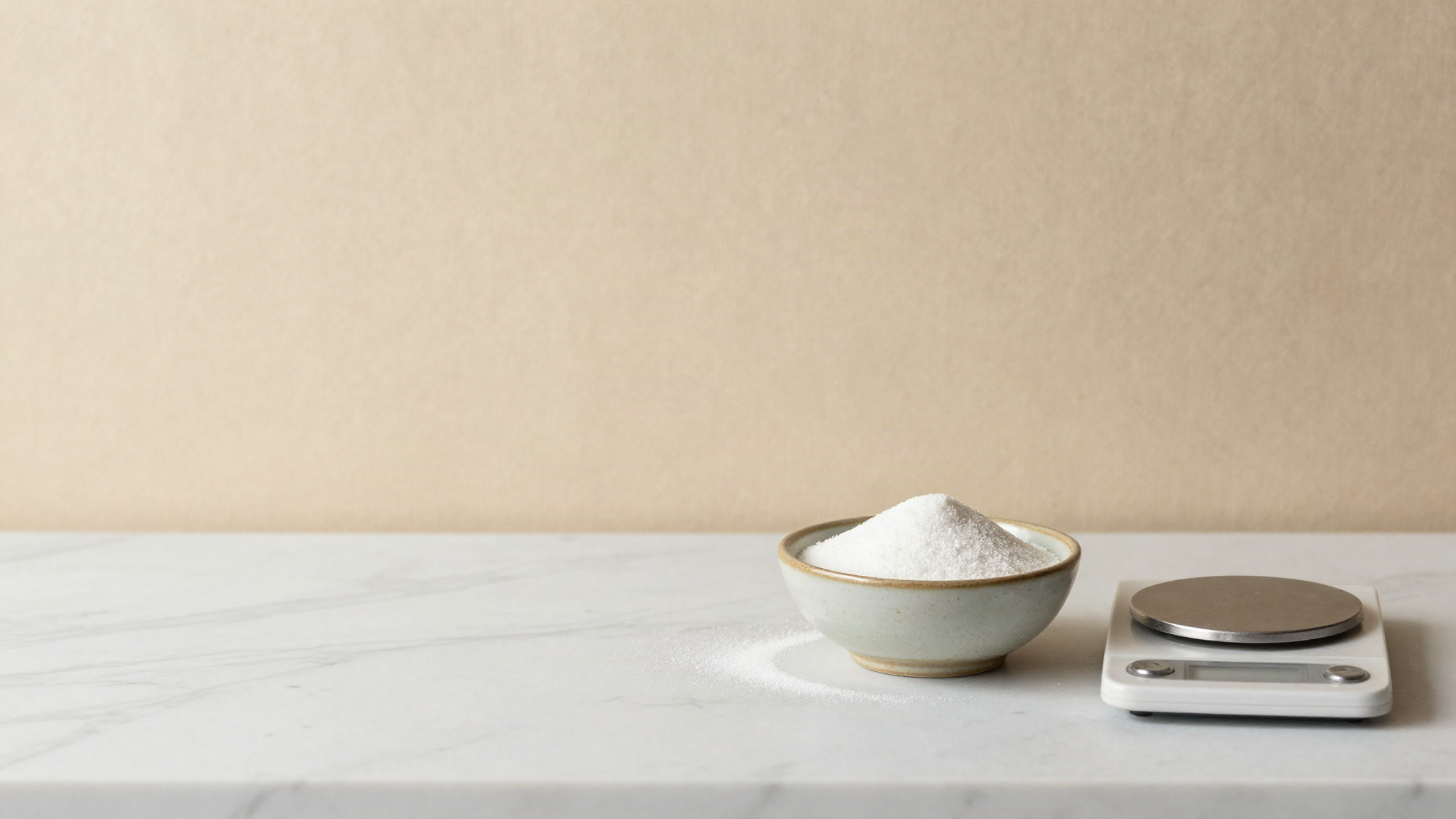Fine white stabilizer powder pre-blended with granulated sugar in a ceramic bowl beside a precision scale