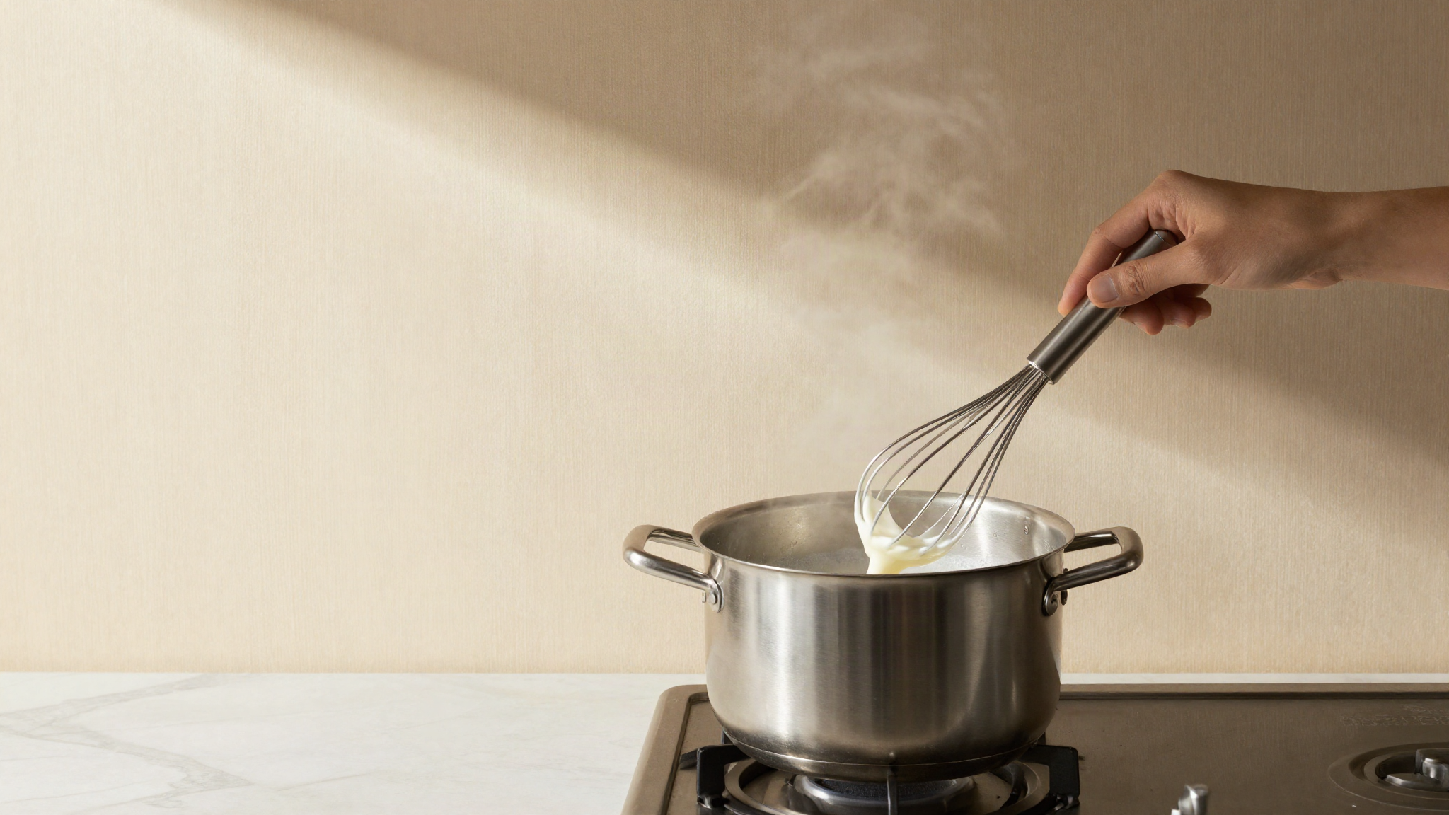 A whisk turning a vortex in warm milk in a stainless steel pot