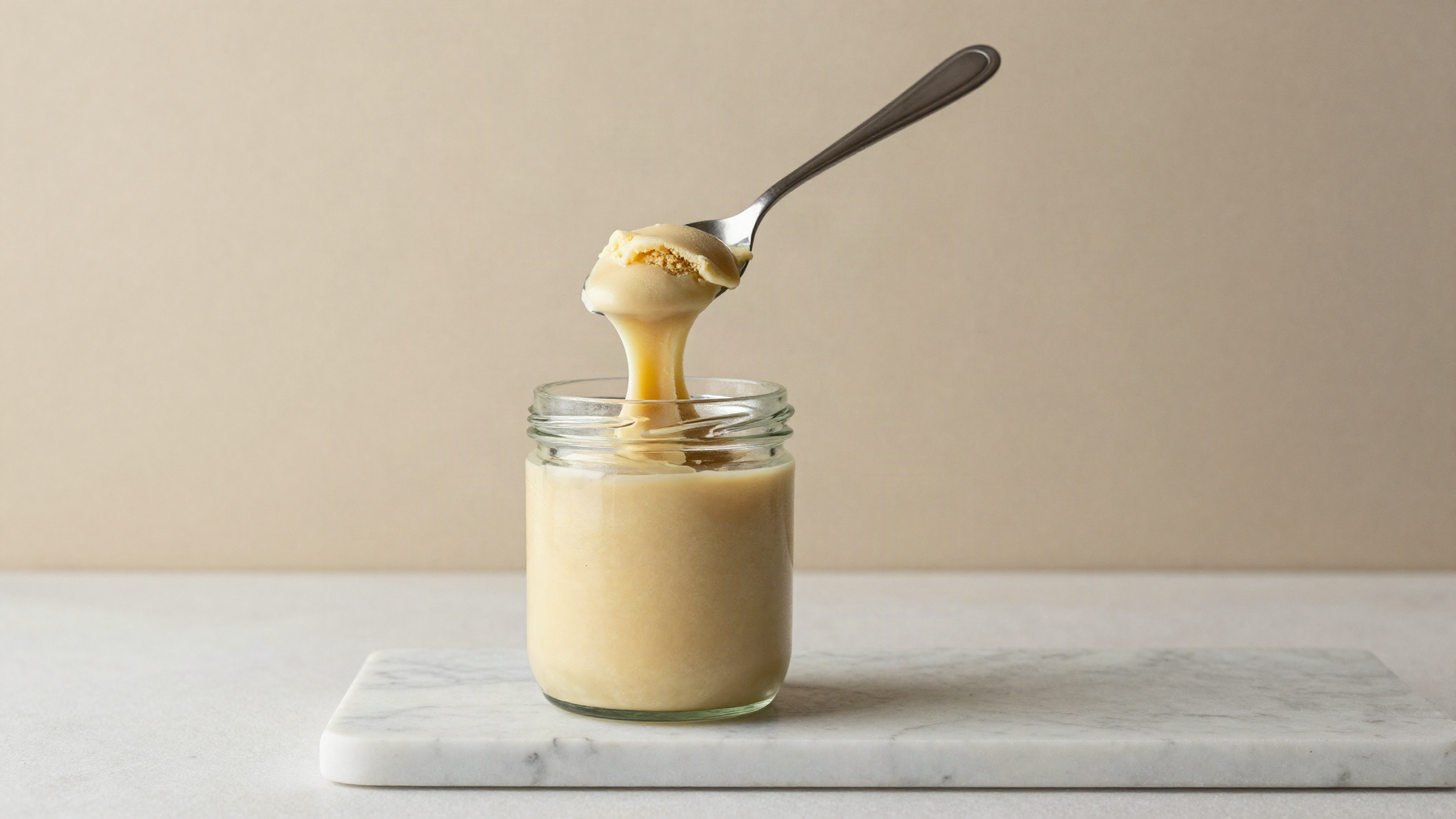 A glass jar of aged gelato mix with a spoon lifting a thick viscous ribbon
