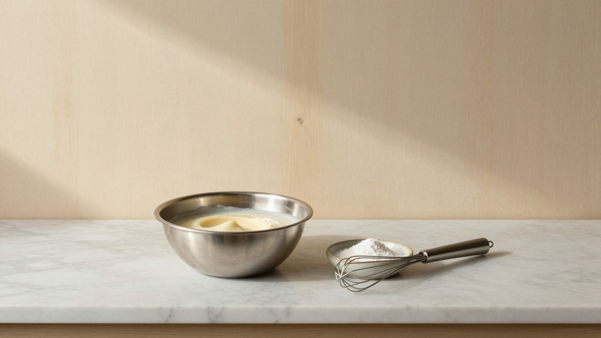 A stainless steel bowl of pale liquid gelato base on a marble counter with a small dish of white stabilizer powder and a steel whisk beside it
