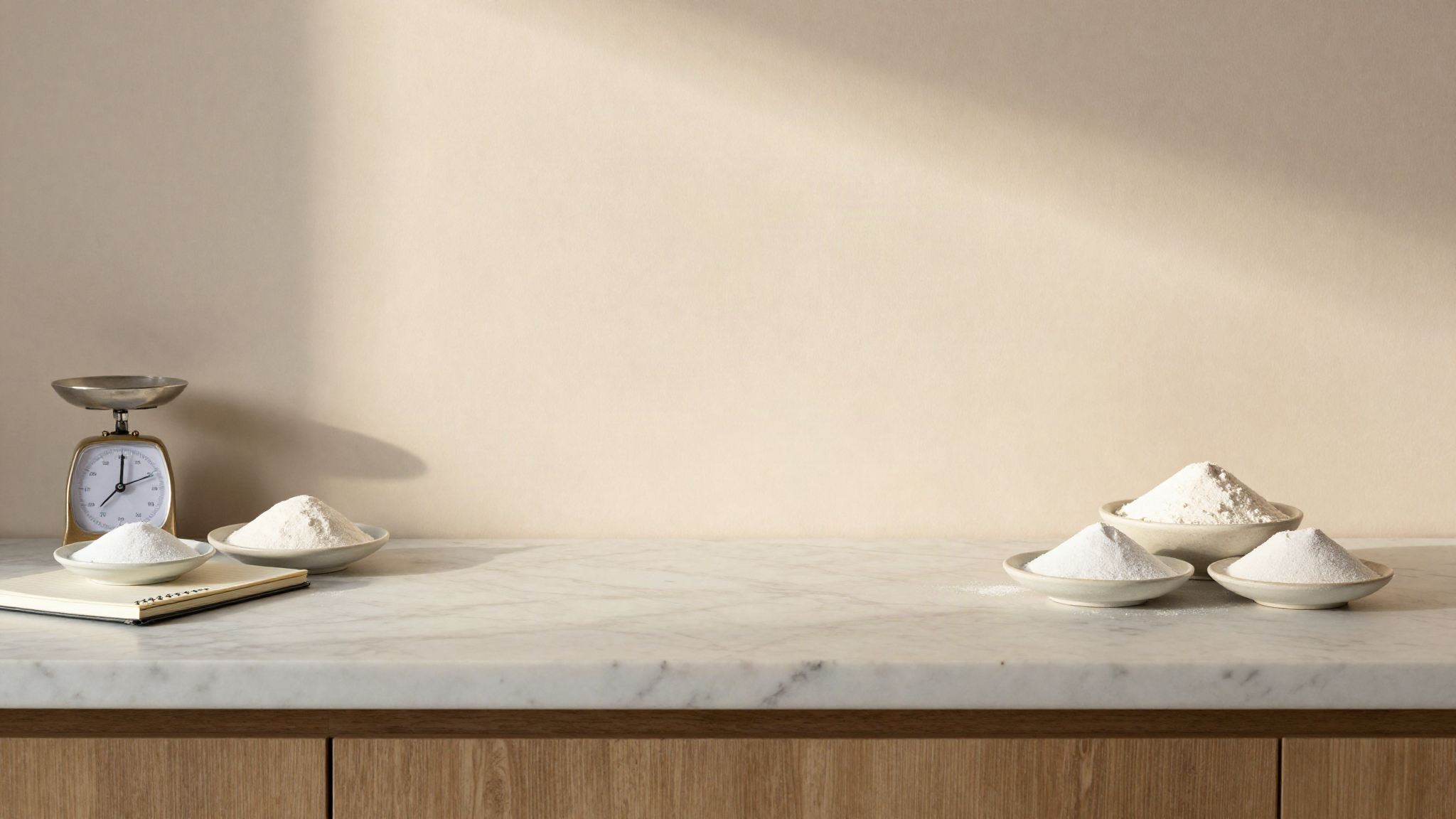 A marble counter seen from above with an open notebook, a small digital scale and ceramic dishes of white starch powders