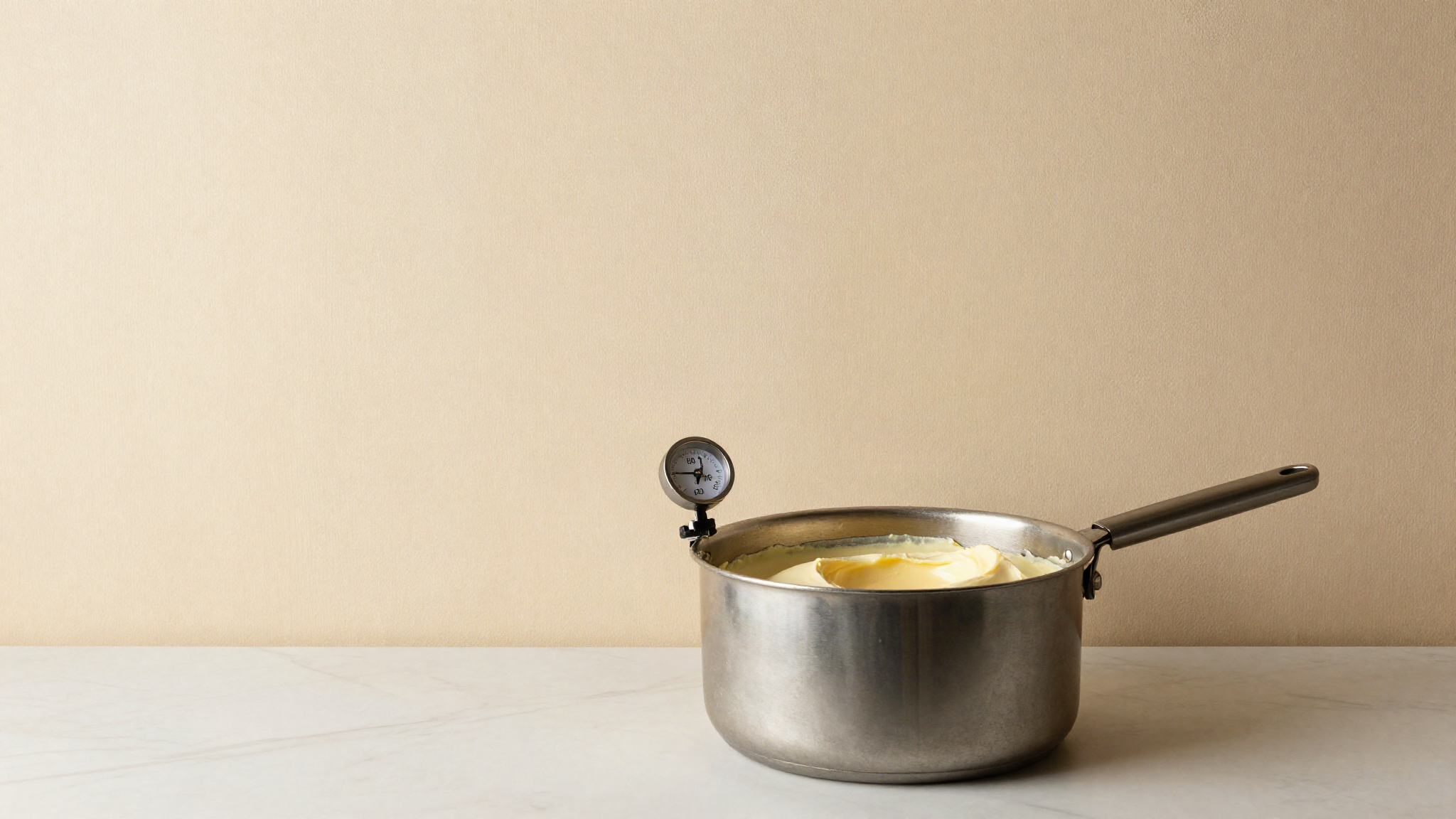 A steel saucepan of pale gelato base thickening on low heat with a probe thermometer clipped to the rim