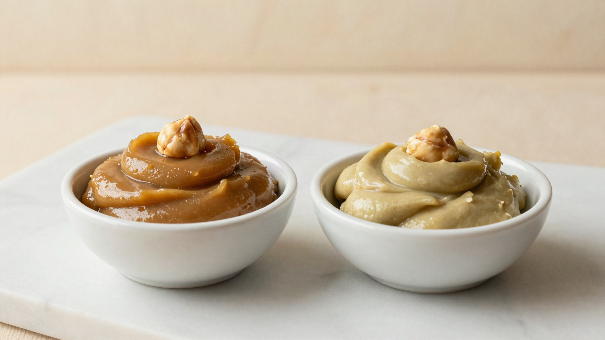 Two small ceramic bowls of nut paste side by side on white marble, one glossy hazelnut and one thicker pale pistachio