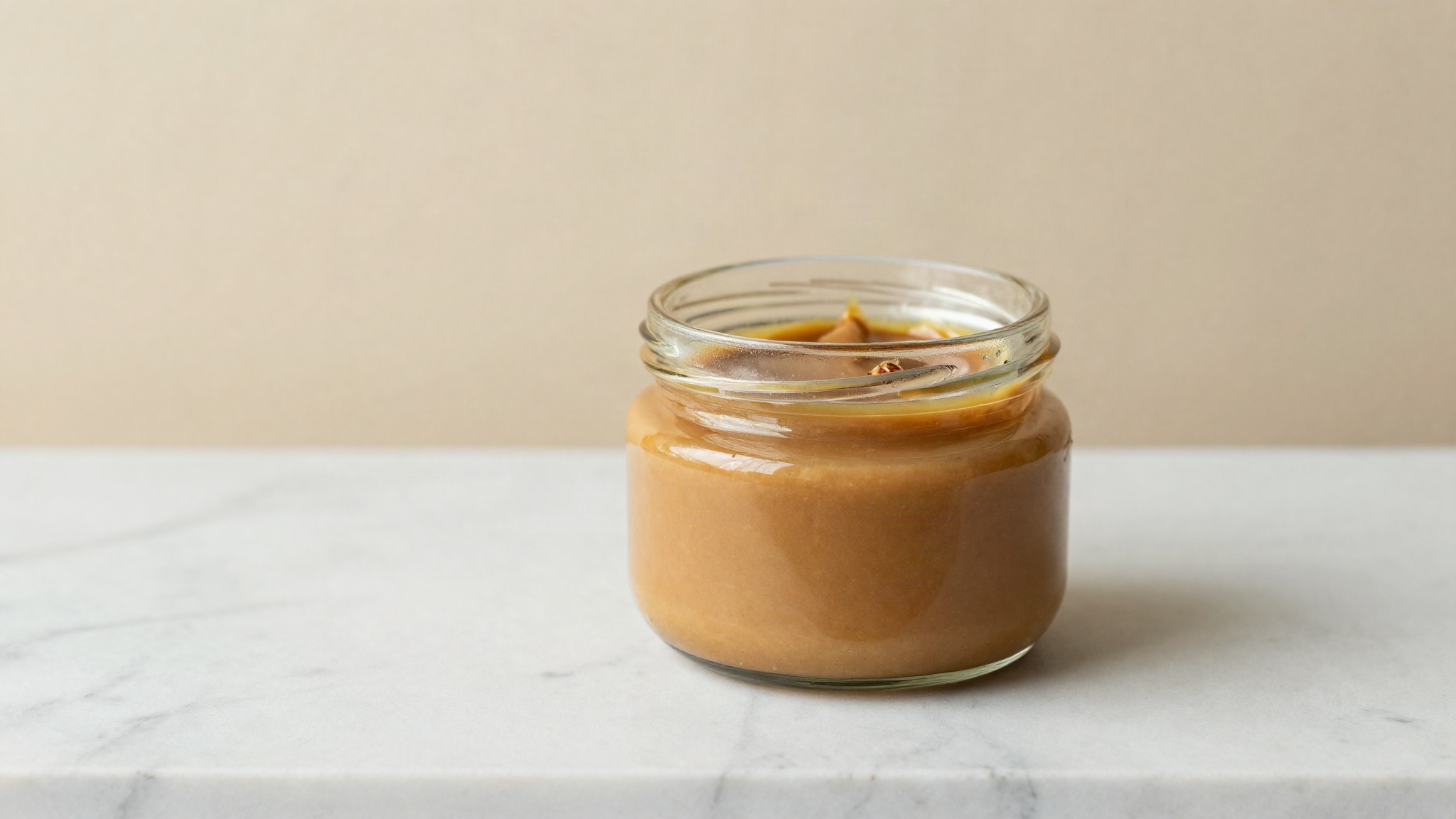 An open glass jar of smooth hazelnut paste with a thin layer of separated oil on top, resting on a marble counter