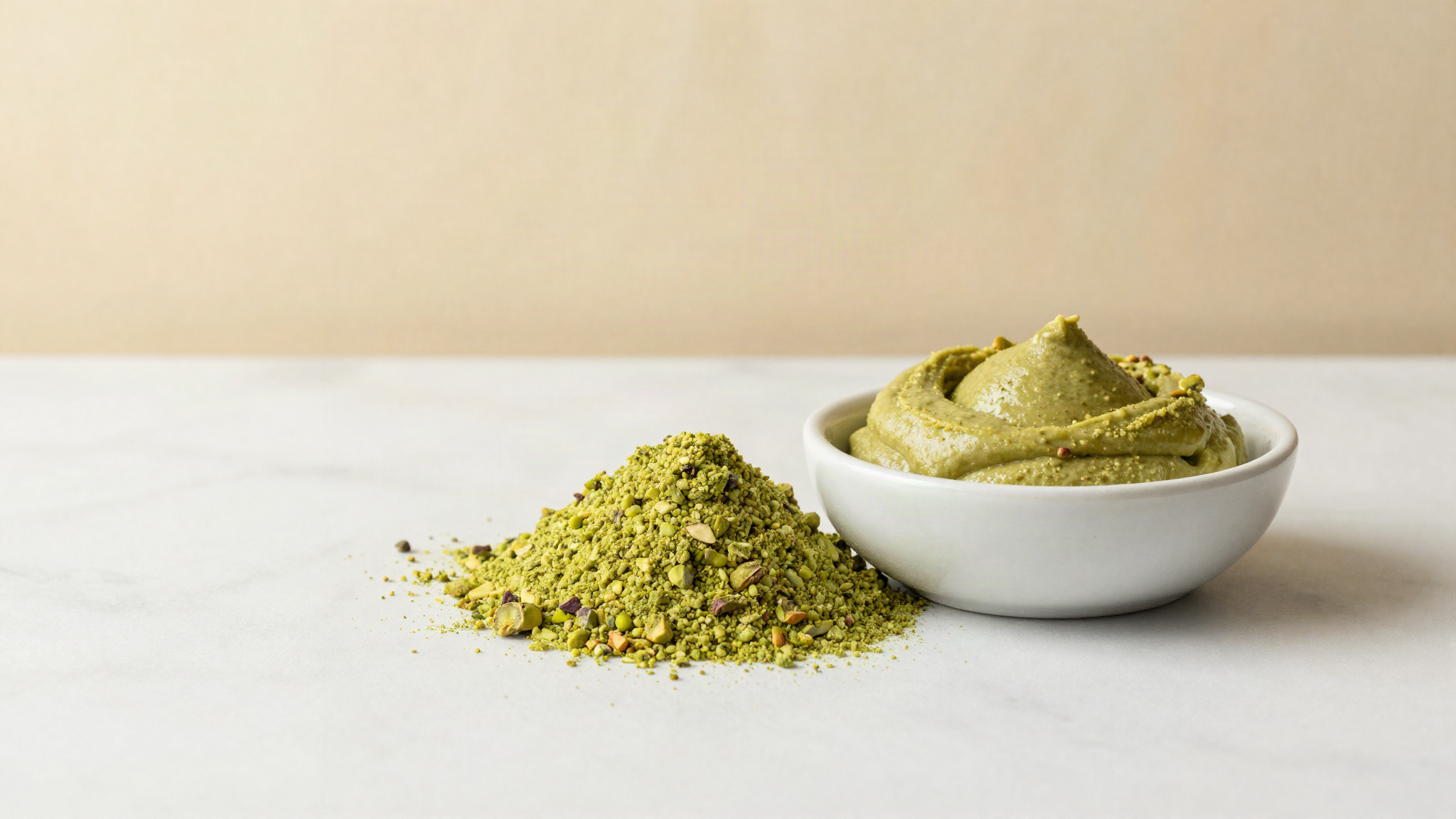 A small mound of finely ground pale green pistachio flour beside a shallow bowl of thick pistachio paste on a marble surface