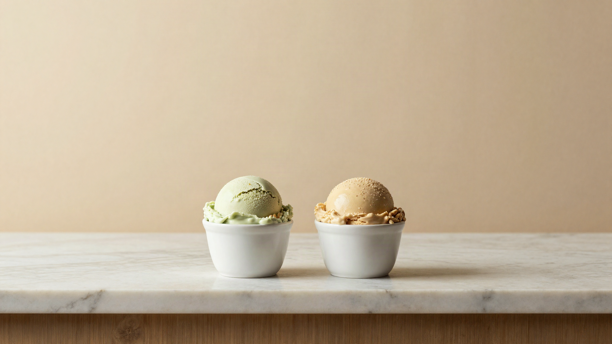 Two scoops of nut gelato, one pale green and one warm beige, in separate small white ceramic cups on a marble counter