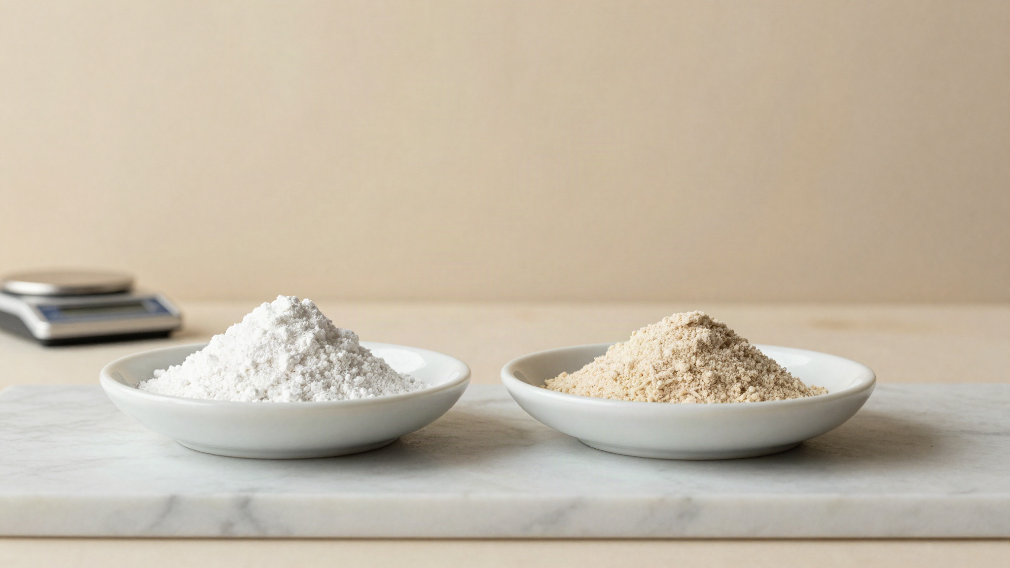Two small ceramic dishes on marble, one holding white starch powder and one holding pale gum powder